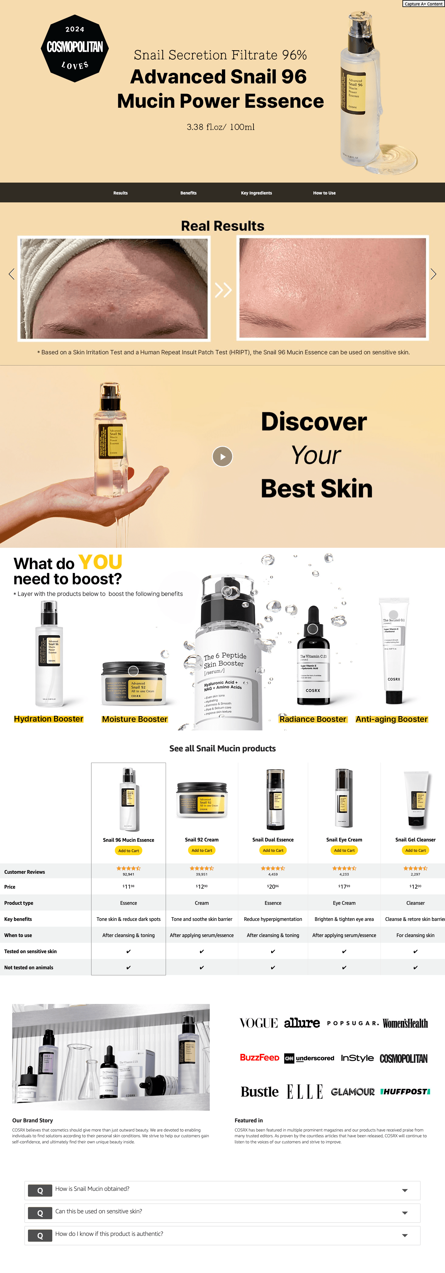 Amazon.com: COSRX Snail Mucin 96% Power Repairing Essence 3.38 fl.oz 100ml: A+ Premium