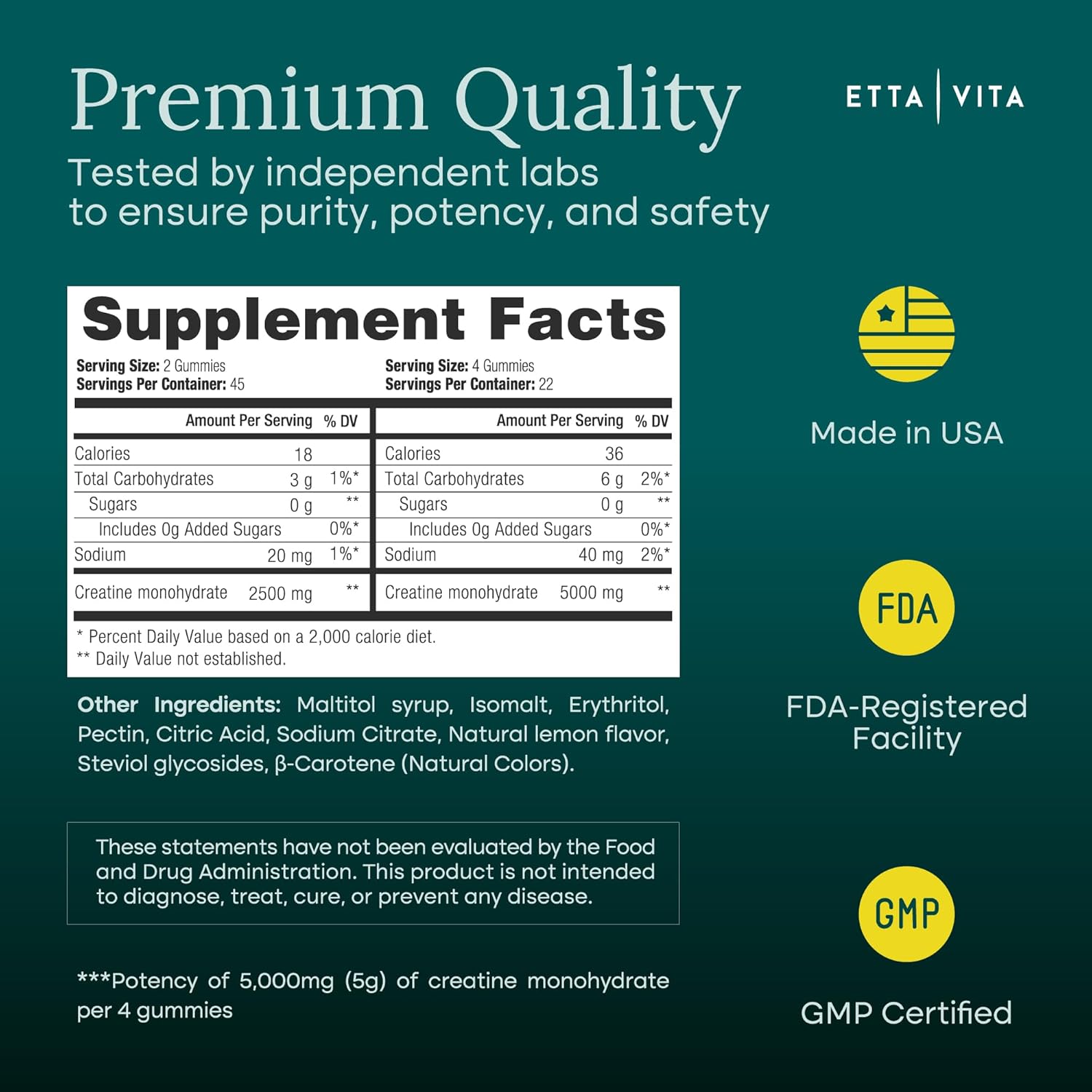 Emphasizes the product's premium quality, safety, and regulatory compliance to build trust with potential customers. Provides detailed nutritional information and ingredient list to inform customers…