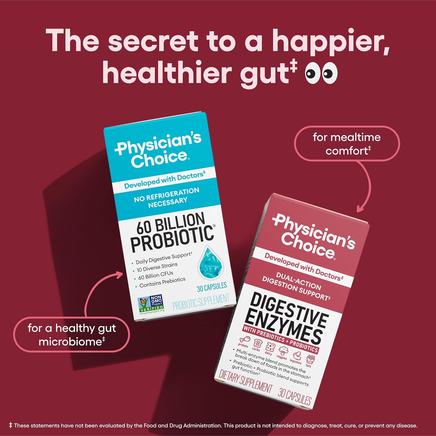 Highlights the key features and benefits of the probiotic and digestive enzyme supplements, including their formulation with doctors, lack of refrigeration requirement, and ability to support gut…