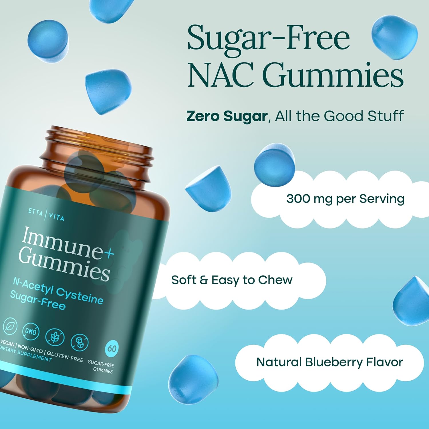 Highlights multiple benefits of the NAC gummies including being sugar-free, supporting immunity, and being easy to take.