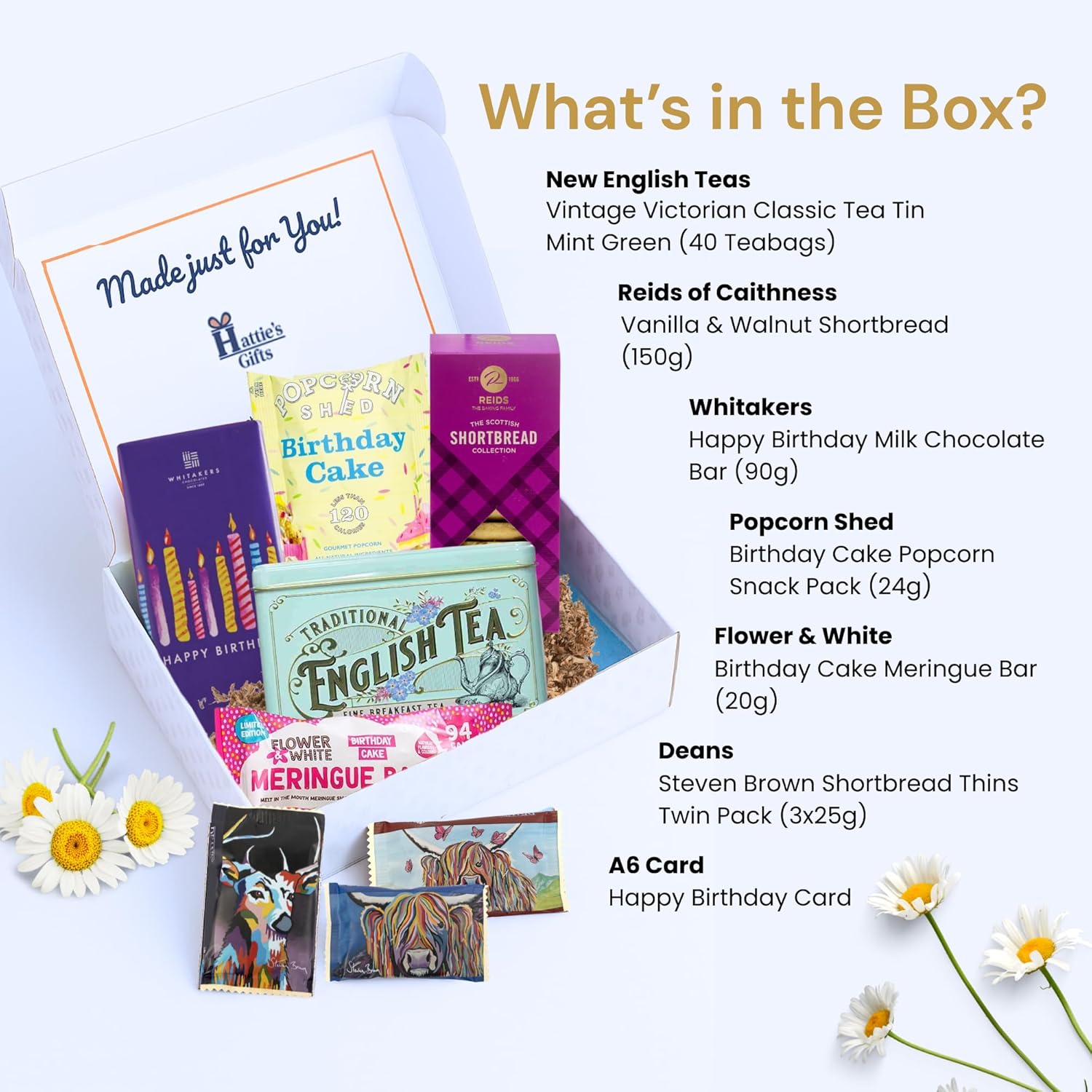 Shows all the items included in the birthday gift box to set expectations for what the customer will receive.