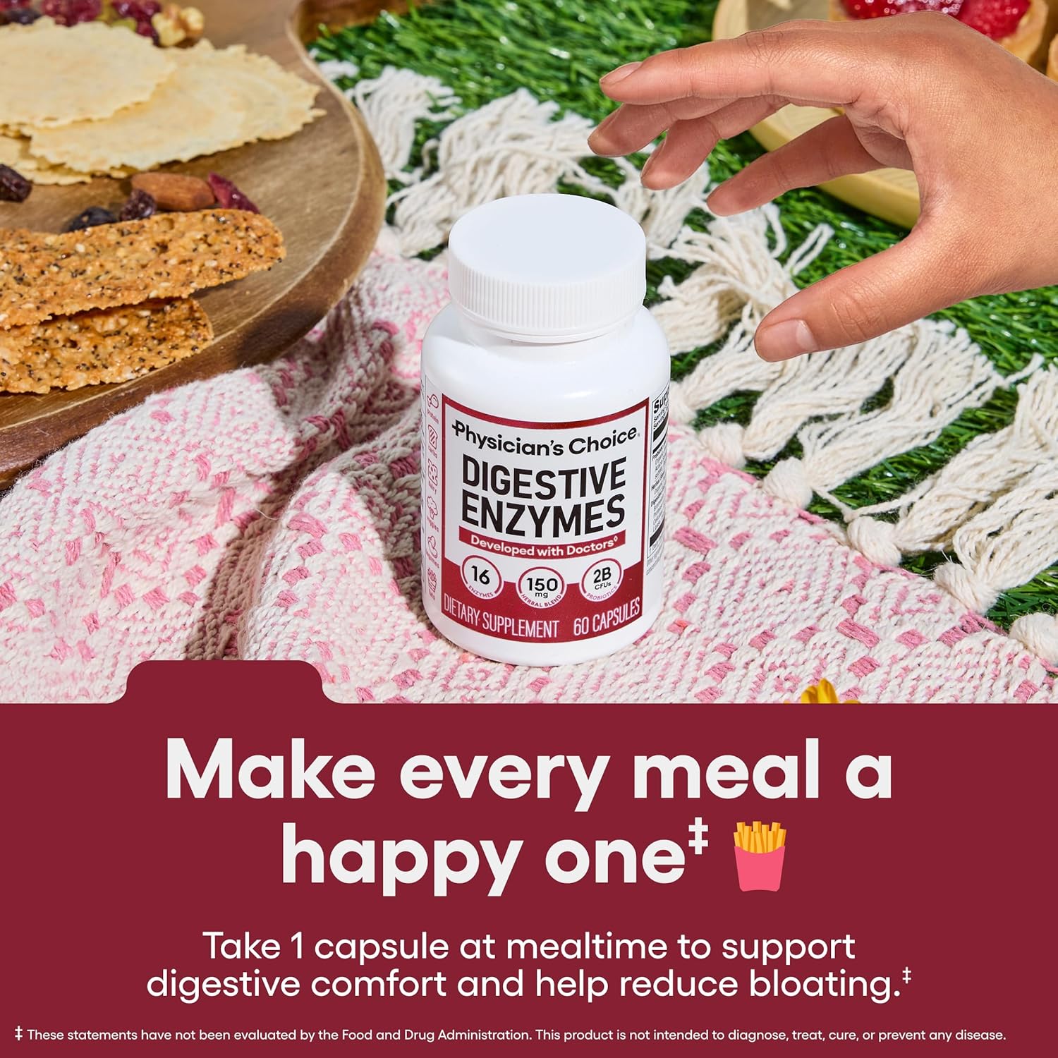 Highlights the product's ability to support digestive comfort and help reduce bloating when taken with meals.
