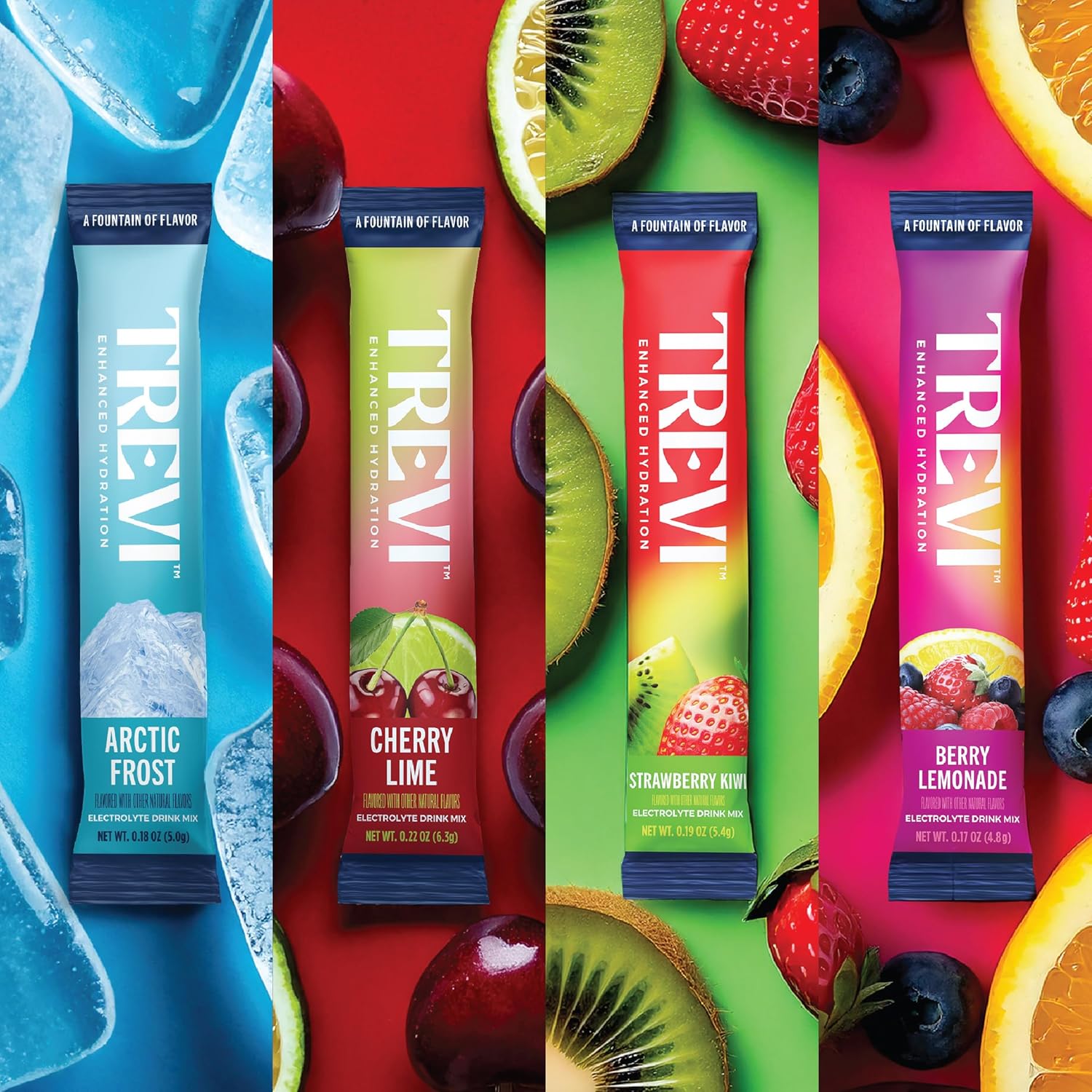 Showcases the different flavor options available for the TREVI electrolyte drink mix, appealing to a wide range of taste preferences.