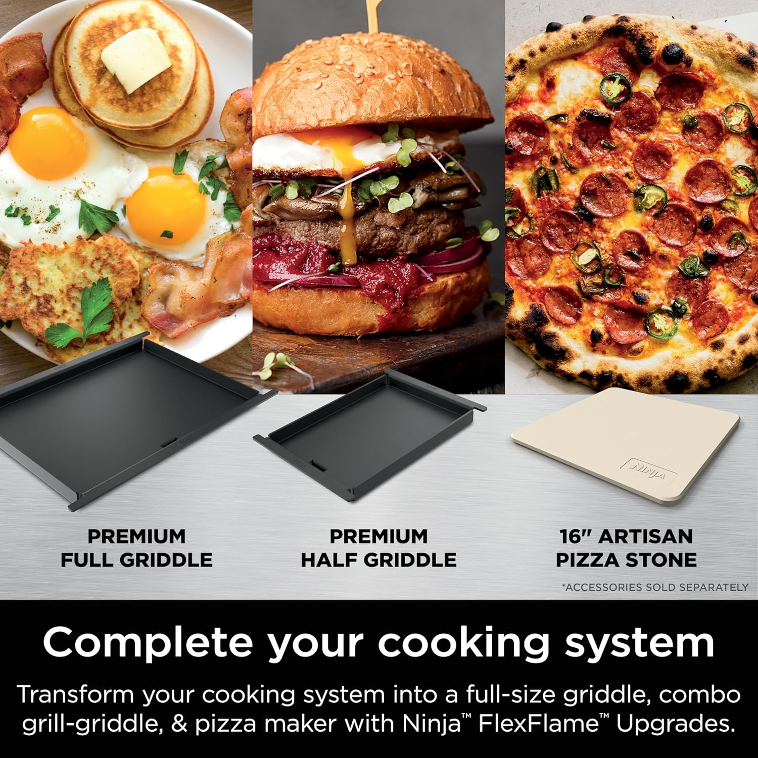 Showcases the versatility of the cooking system by highlighting its different configurations and use cases for griddling, grilling, and pizza making.
