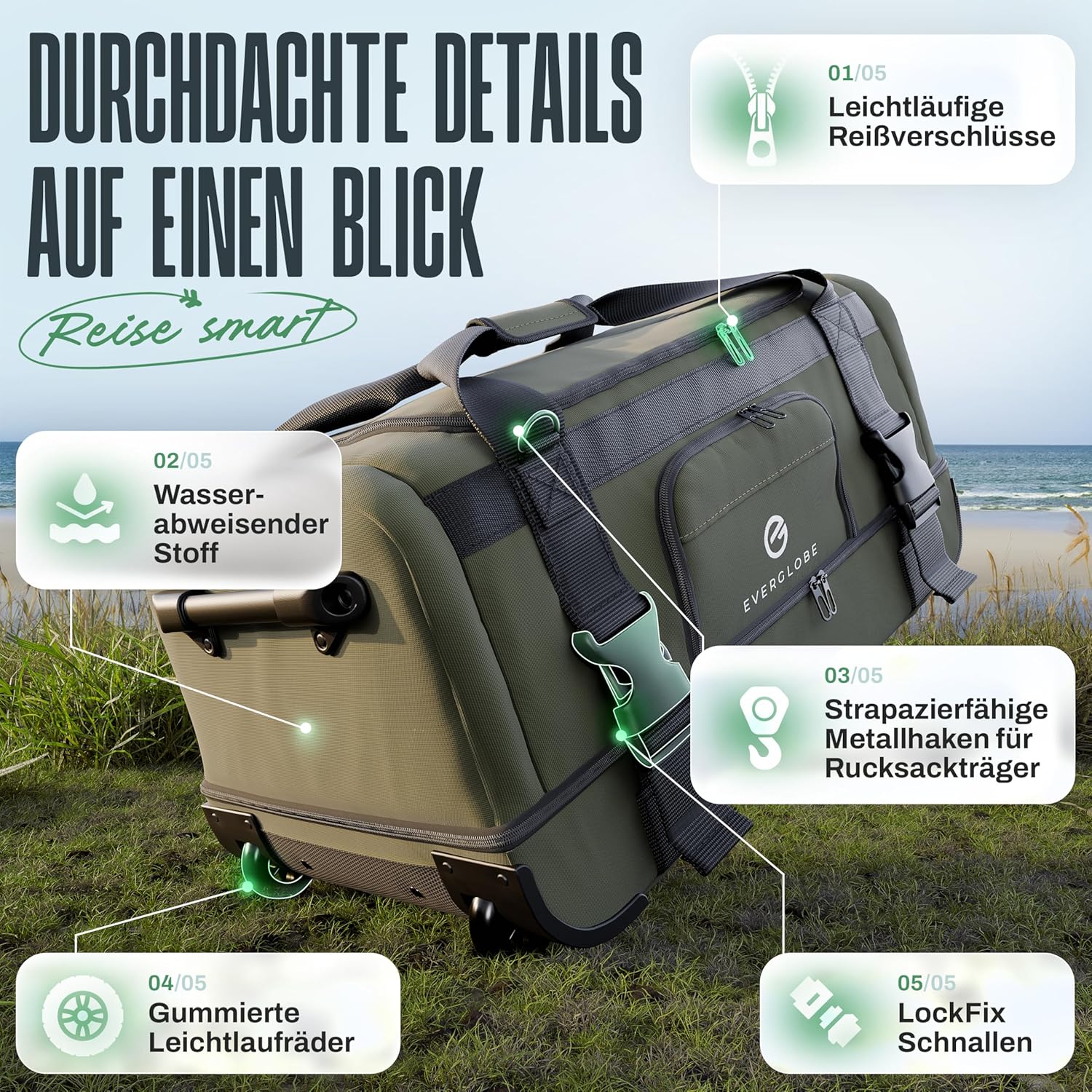 EVERGLOBE Reisetasche mit Rollen 90l Groß: Infographics
