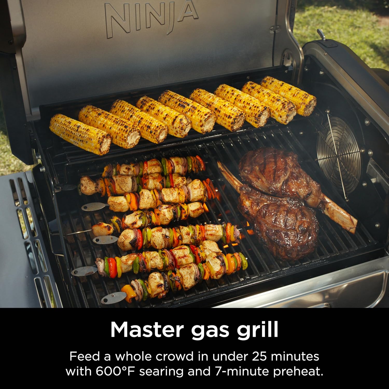 Highlights the grill's ability to reach 600°F temperatures and cook food quickly, allowing you to feed a crowd in under 25 minutes.
