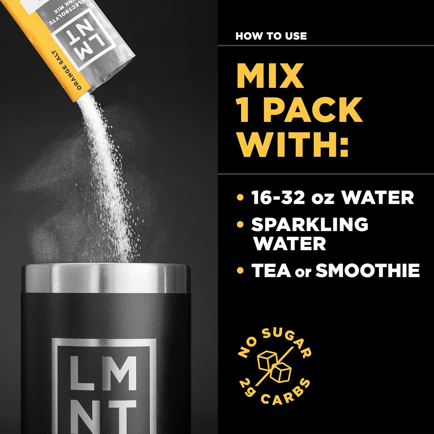 Explains how to use the product by showing mixing instructions with different liquids. Highlights that the product is sugar-free and low in carbs, appealing to health-conscious consumers.
