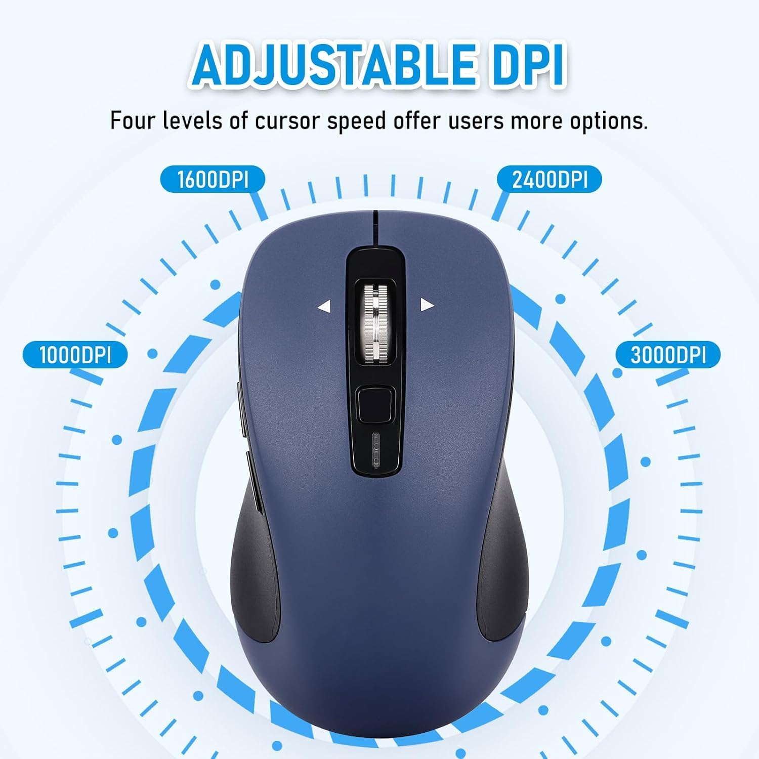 Highlights the mouse's ability to adjust cursor speed with four DPI levels, offering users more options and customization.