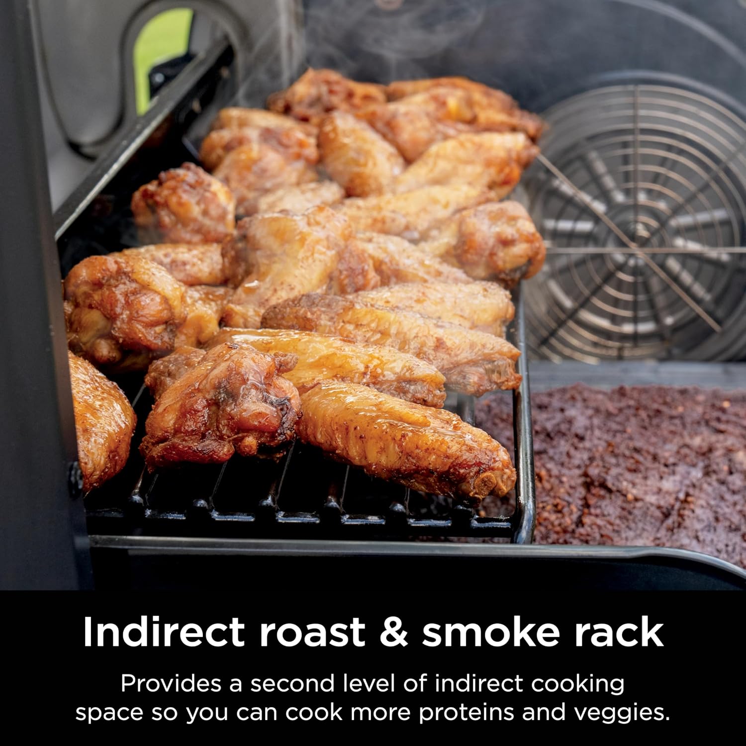 Highlights the product's ability to provide a second level of indirect cooking space, allowing you to cook more proteins and veggies simultaneously.