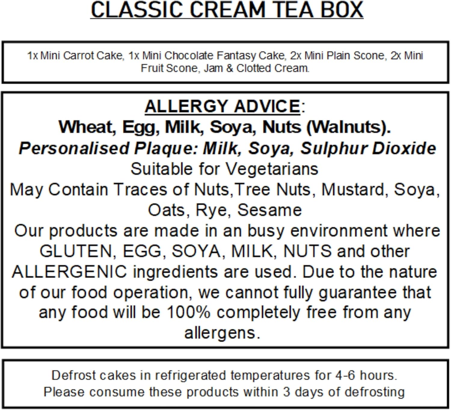Lists all the items included in the Classic Cream Tea Box to show customers what they will receive.