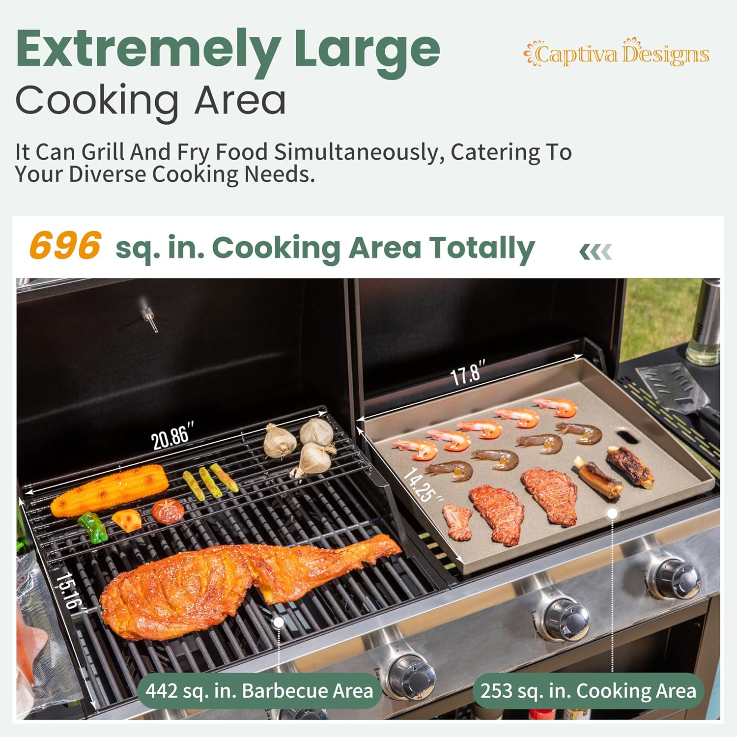Highlights the product's extremely large cooking area and breaks down the square inch measurements for the total cooking area, barbecue area, and separate cooking area to showcase its capacity and…
