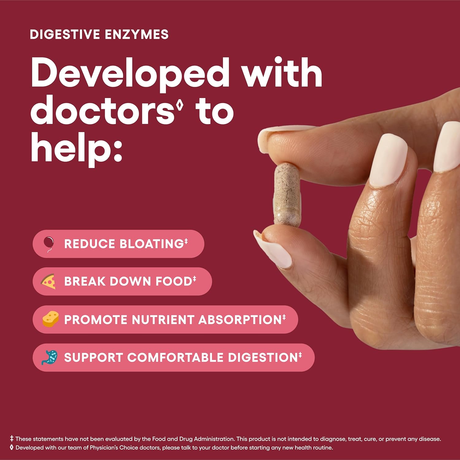 Highlights the multiple benefits of the digestive enzyme supplement in aiding digestion and nutrient absorption.