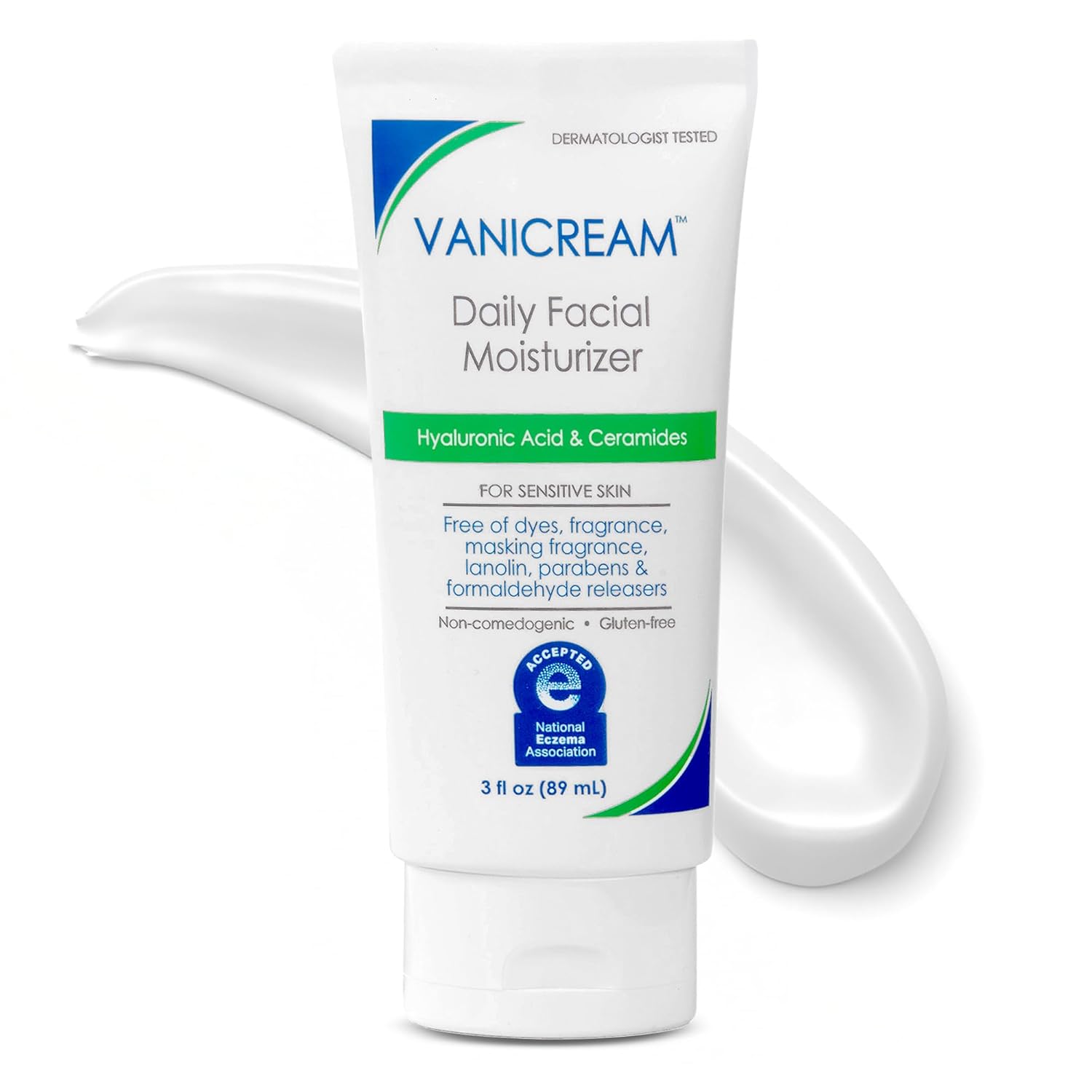 Highlights multiple beneficial features of the daily facial moisturizer, including its key ingredients, dermatologist testing, suitability for sensitive skin, and lack of potential irritants.