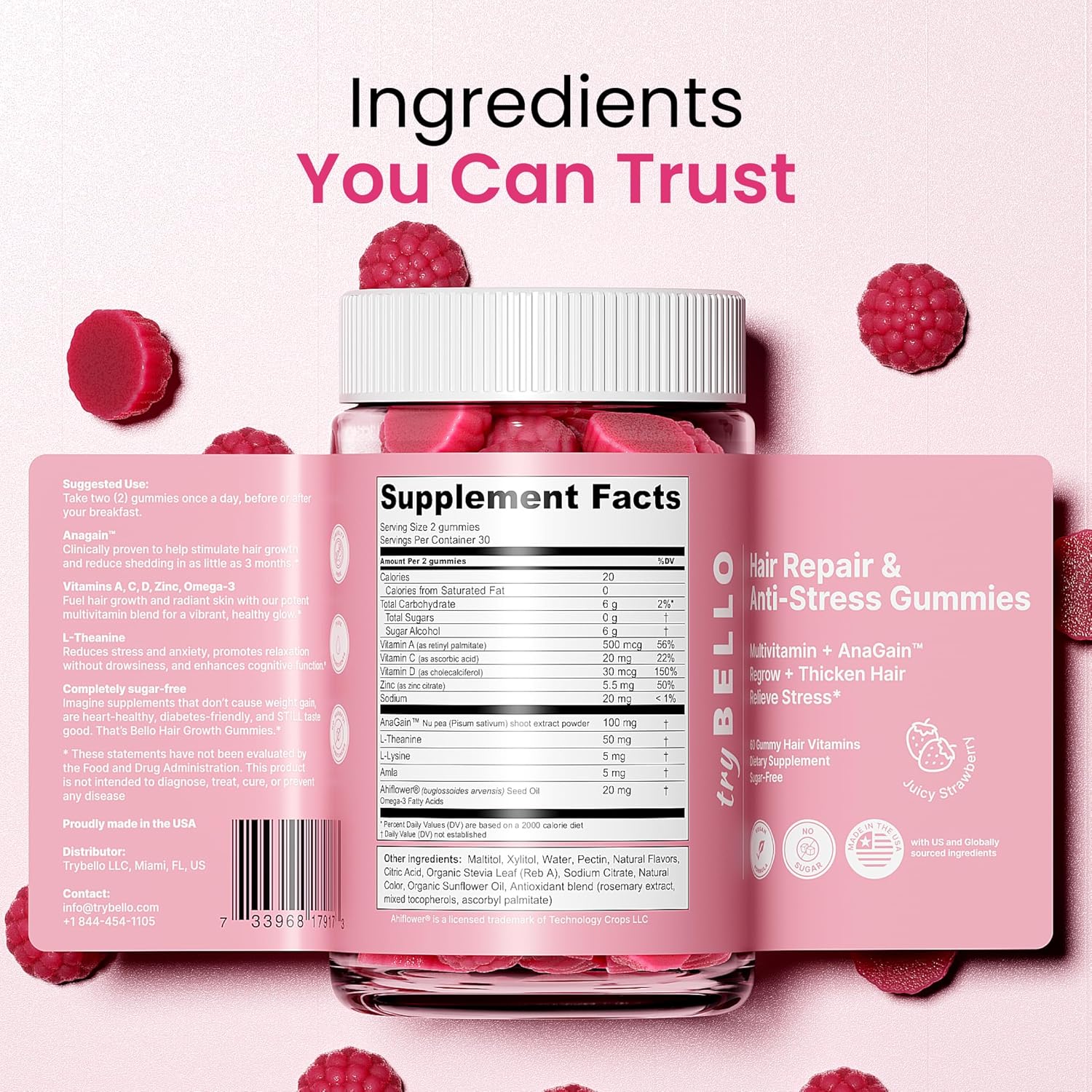 Highlights the product's natural, trustworthy ingredients by displaying the detailed supplement facts panel.