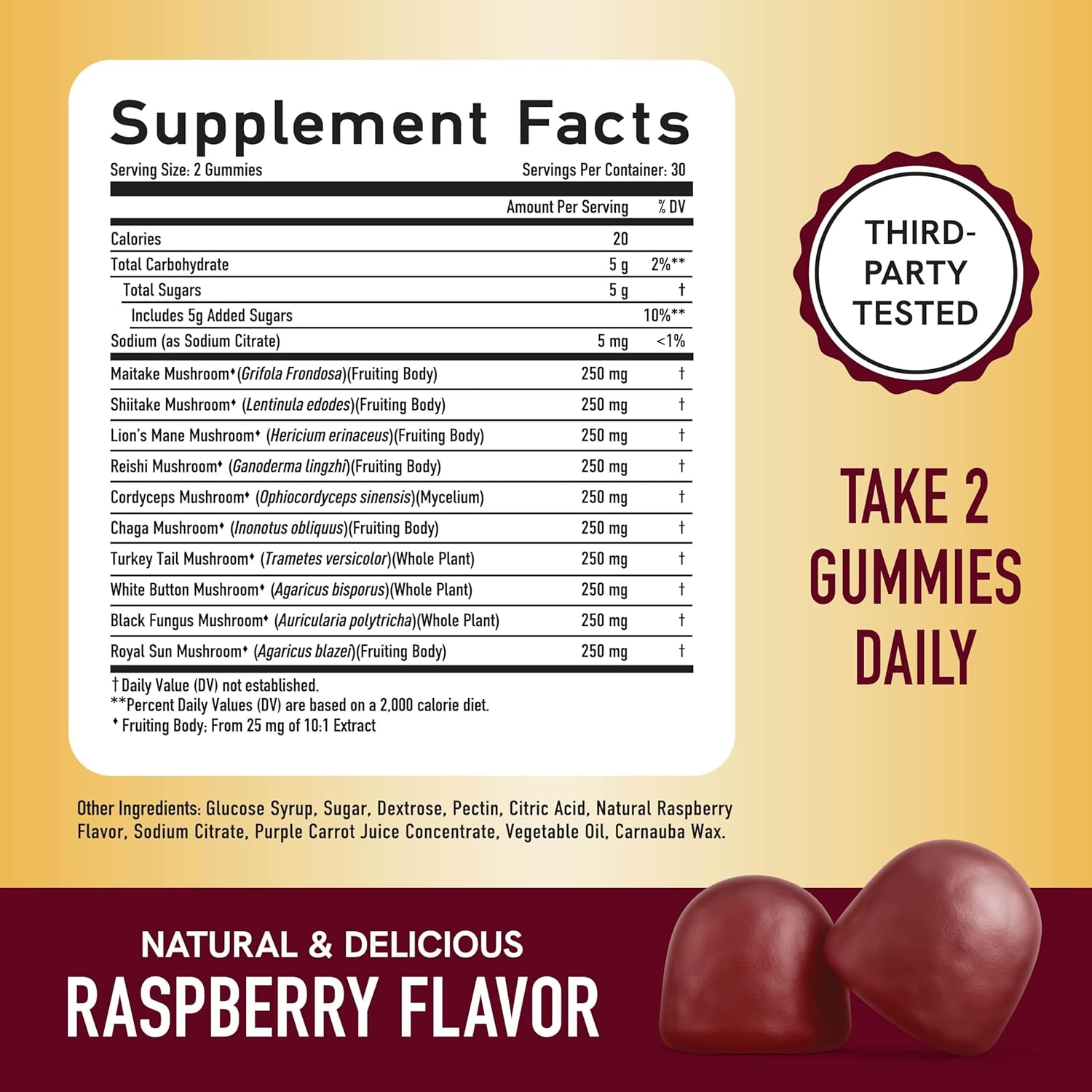 Highlights the key feature of containing a blend of 10 different mushrooms, as well as the raspberry flavor.