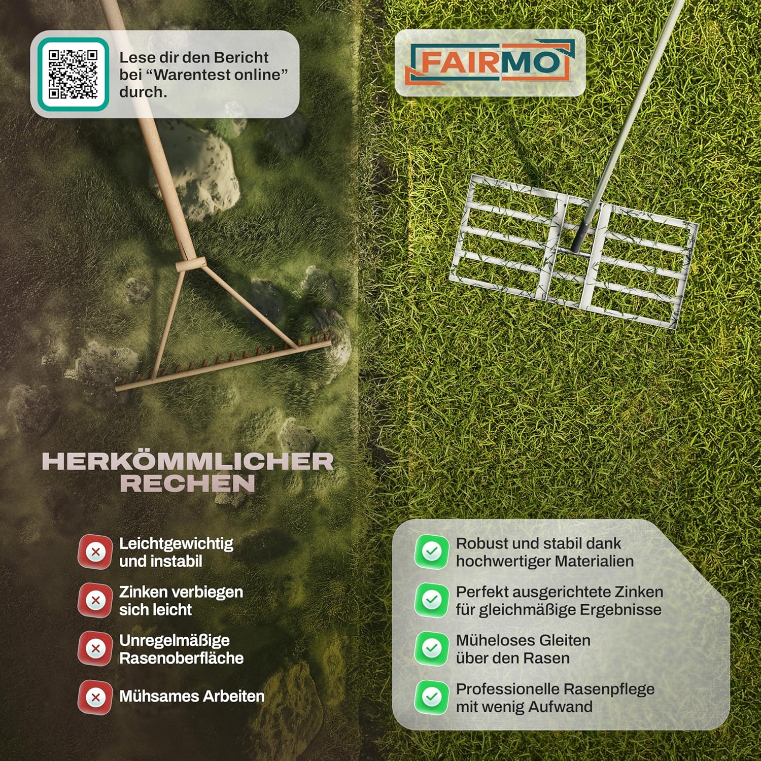 Der handliche Rasen Rakel Edelstahl (75x35 cm) von Fairmo [für sattgrünen Rasen]: Infographics