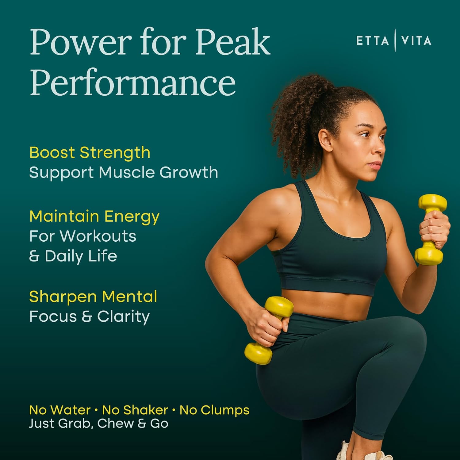 Highlights multiple benefits of the product for athletic performance, including strength, energy, and mental clarity.