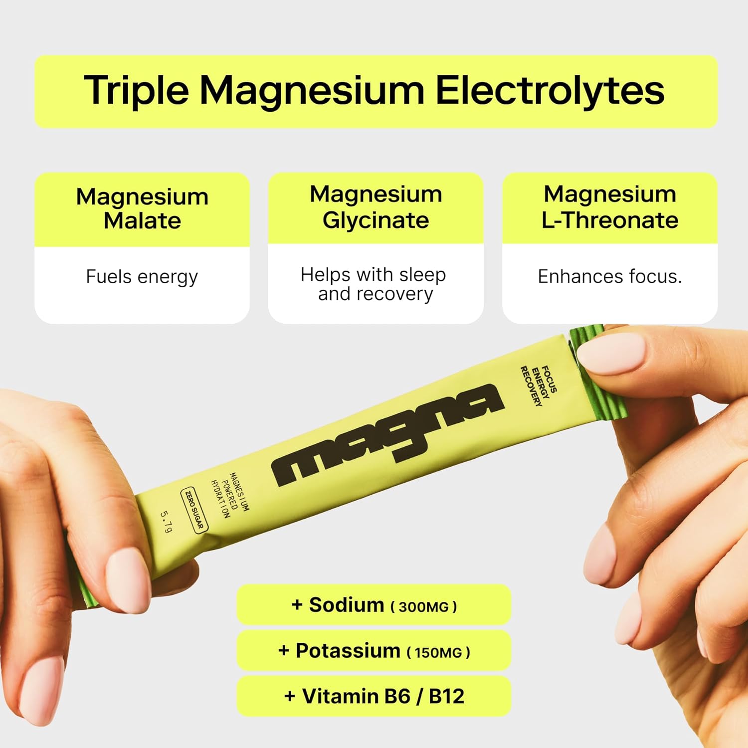 Highlights the three types of magnesium electrolytes and their benefits, along with additional nutrients to showcase the product's comprehensive formula.