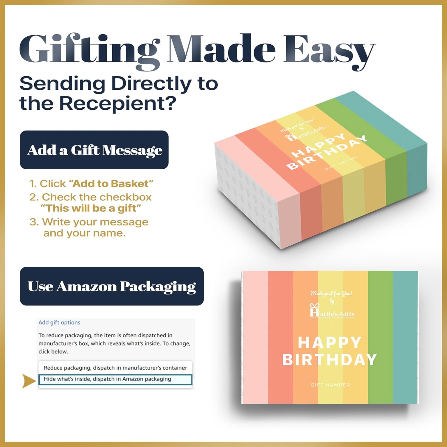Explains the steps for adding a gift message and choosing packaging options when sending the product as a gift.