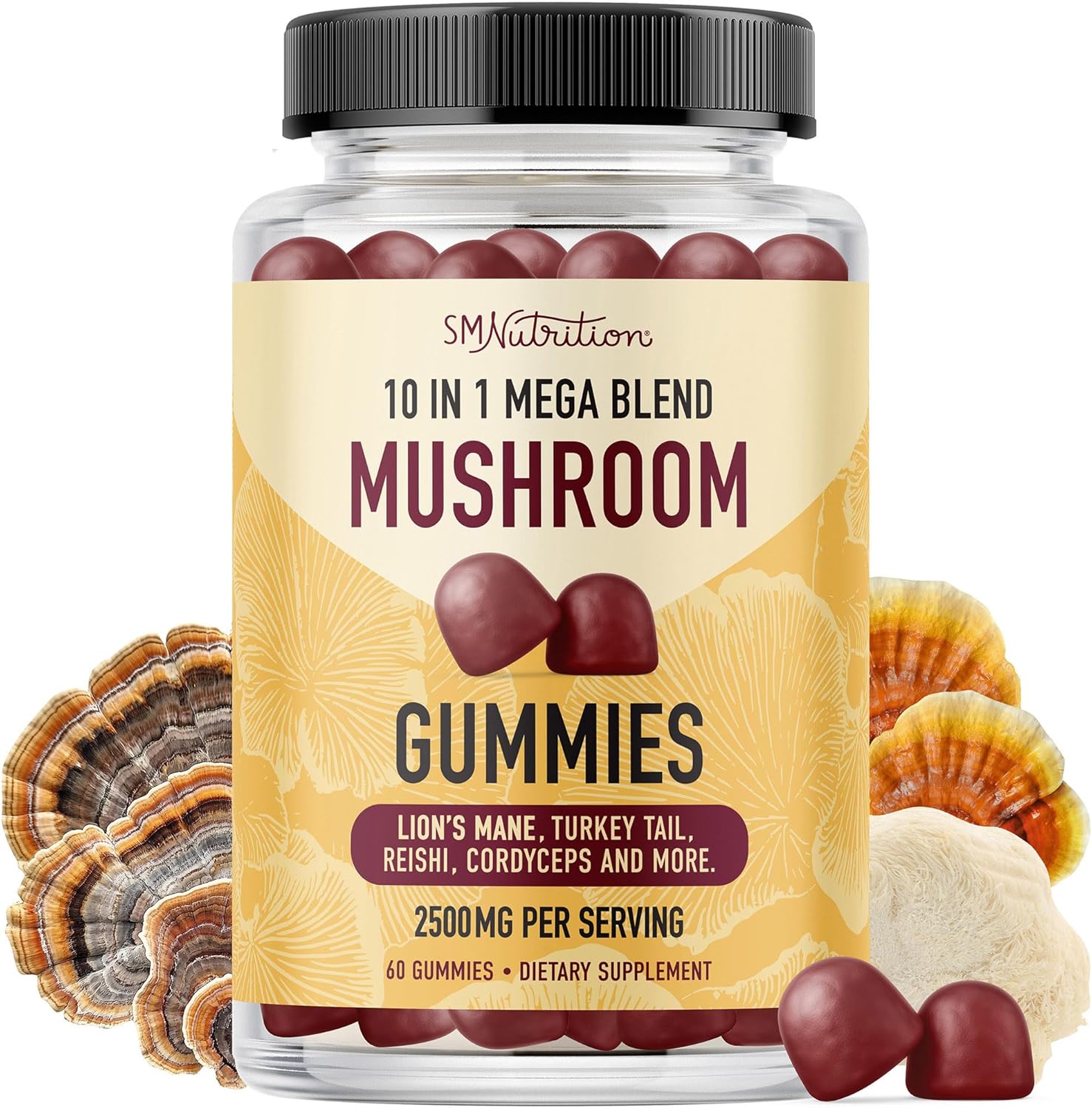 Highlights the product's blend of 10 different mushroom varieties and high potency of 2500mg per serving, presented in a convenient gummy form.