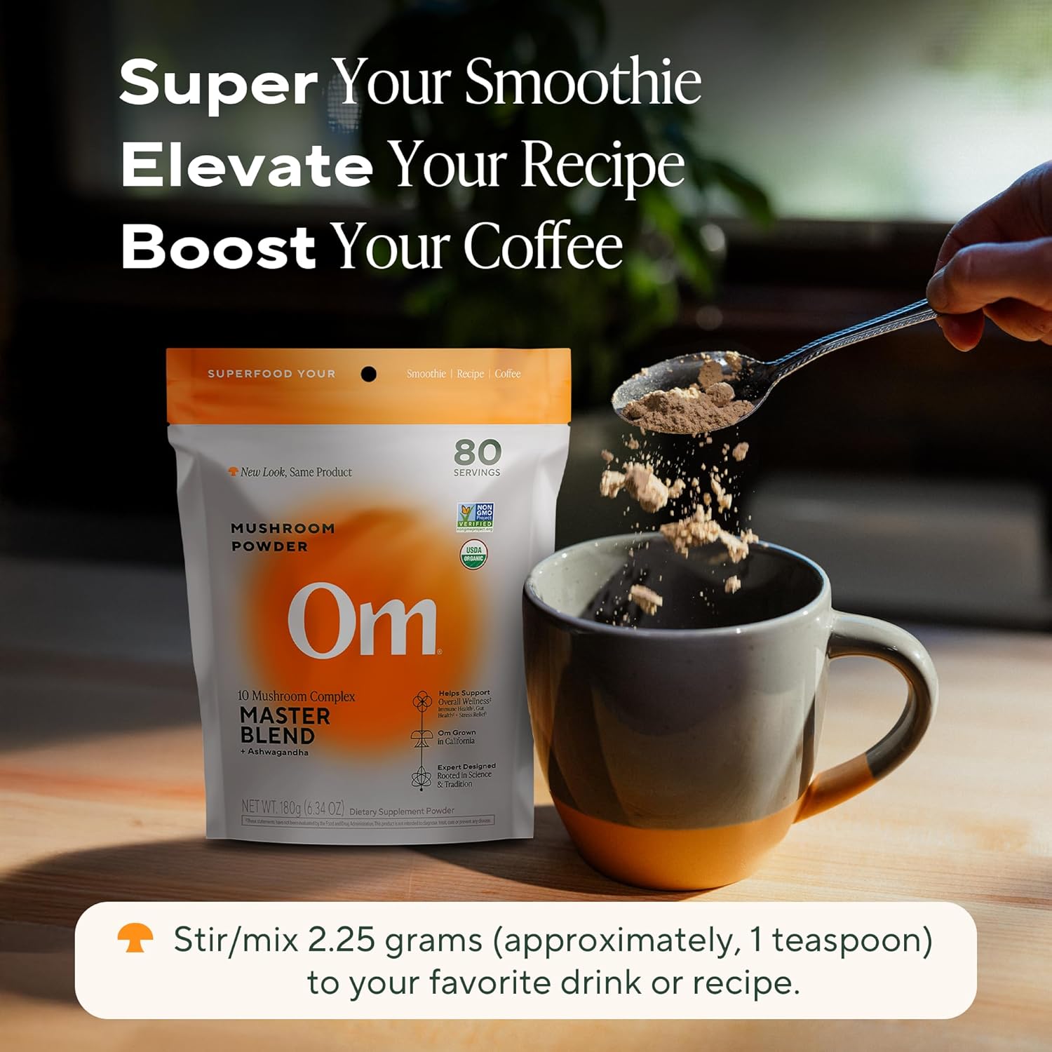 Demonstrates the versatility of the mushroom powder by showing its different use cases in smoothies, recipes, and coffee drinks.
