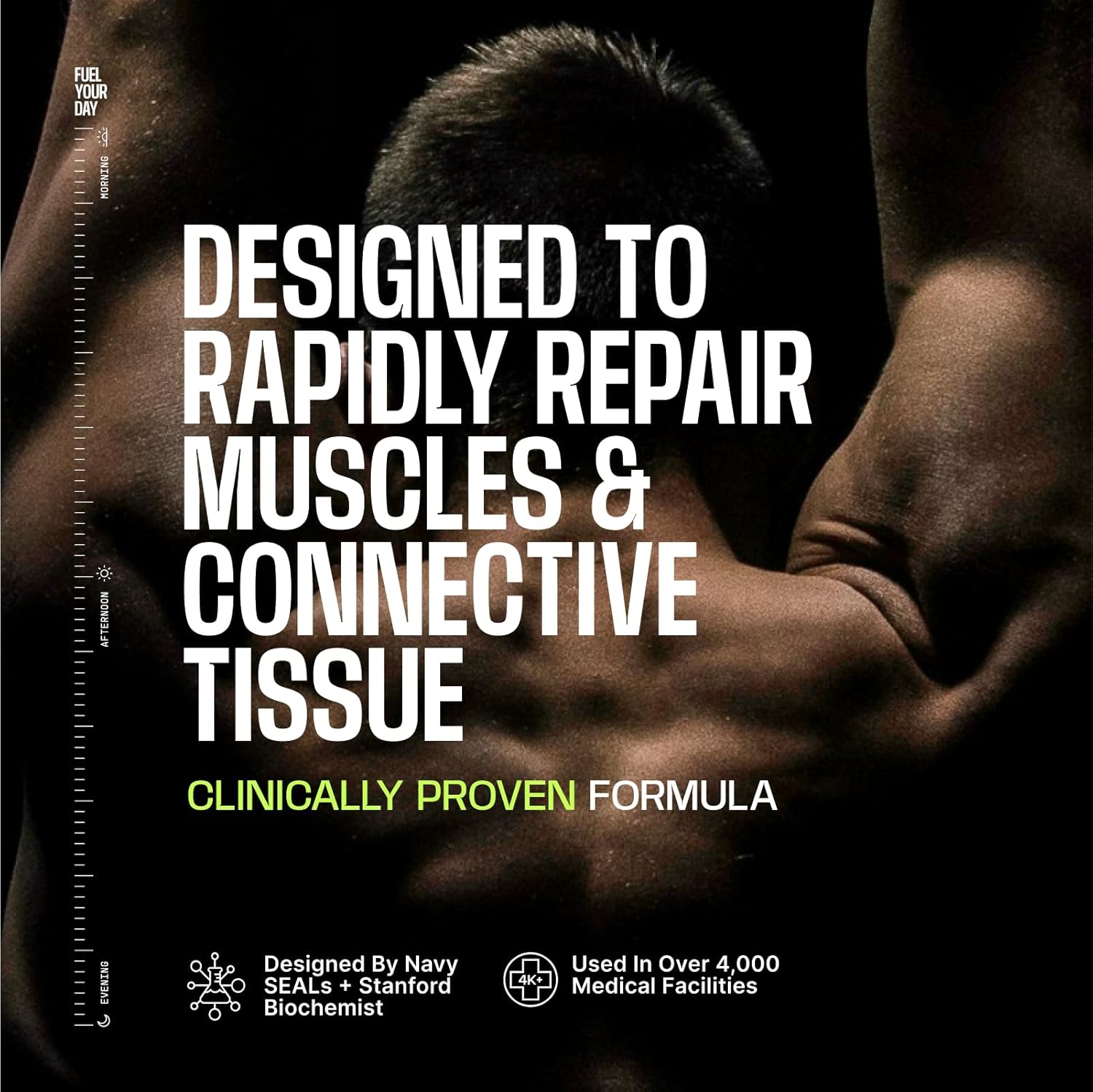 Highlights the product's ability to rapidly repair muscles and connective tissue, positioning it as an effective recovery formula.