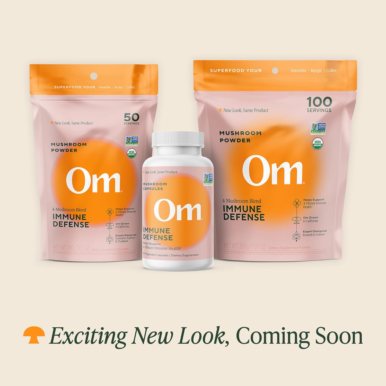 Shows the different product formats and sizes included in the Om Immune Defense line.