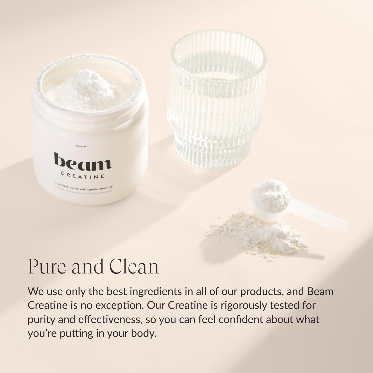 Emphasizes the purity and quality of the Beam Creatine product to build trust and confidence in its effectiveness.