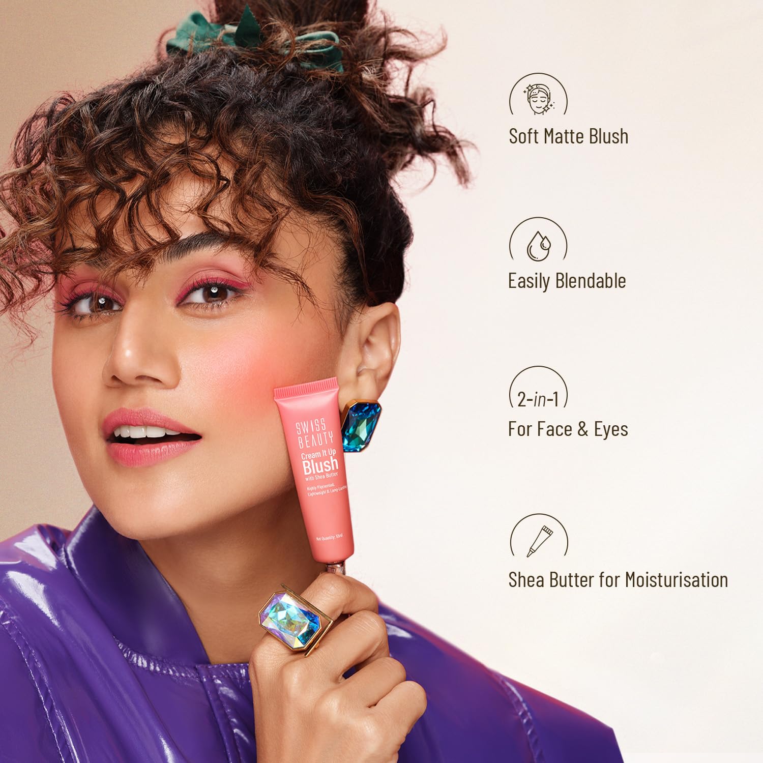 Highlights multiple key features of the blush product to showcase its versatility and quality.