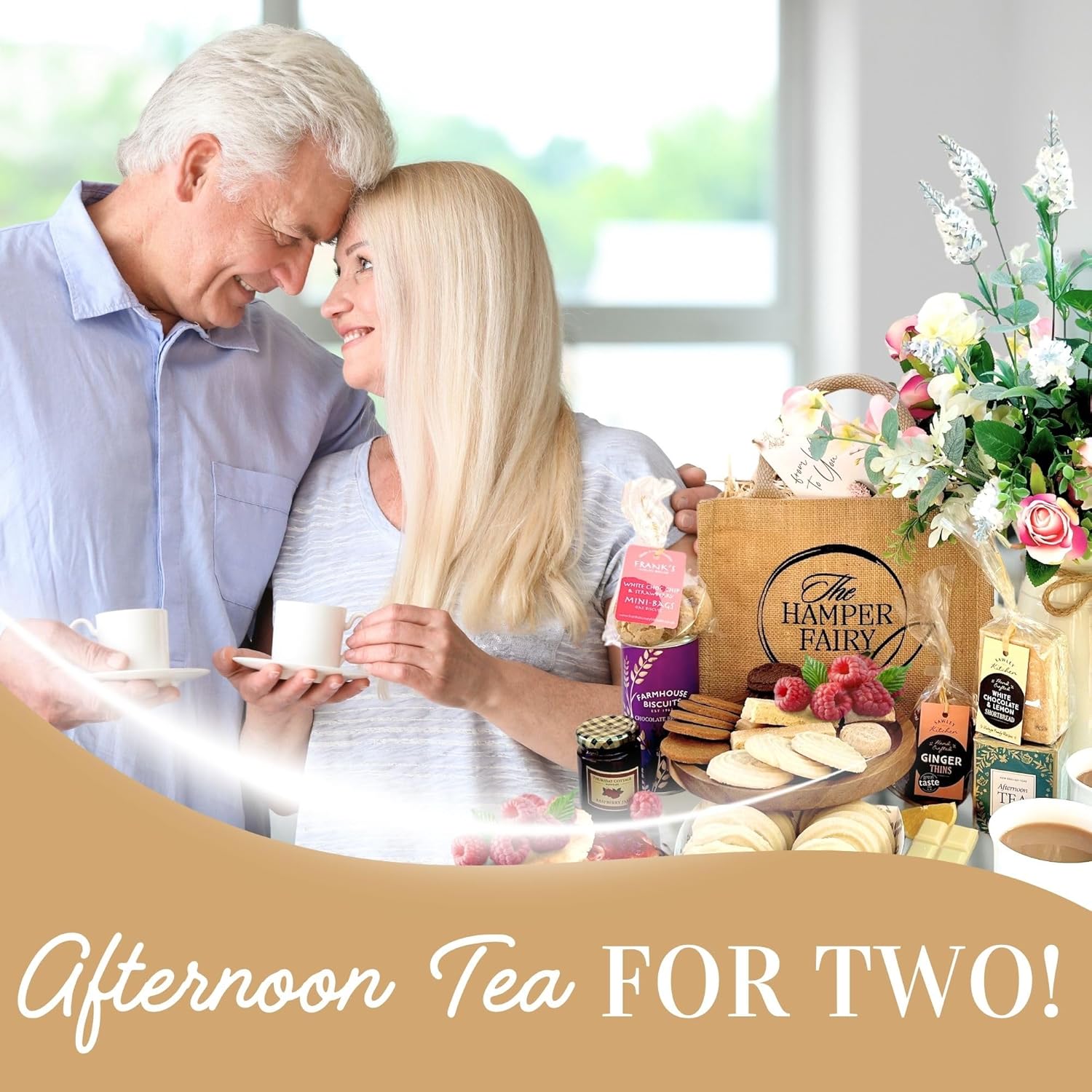 Shows the various items included in the afternoon tea gift basket to highlight the variety and contents.