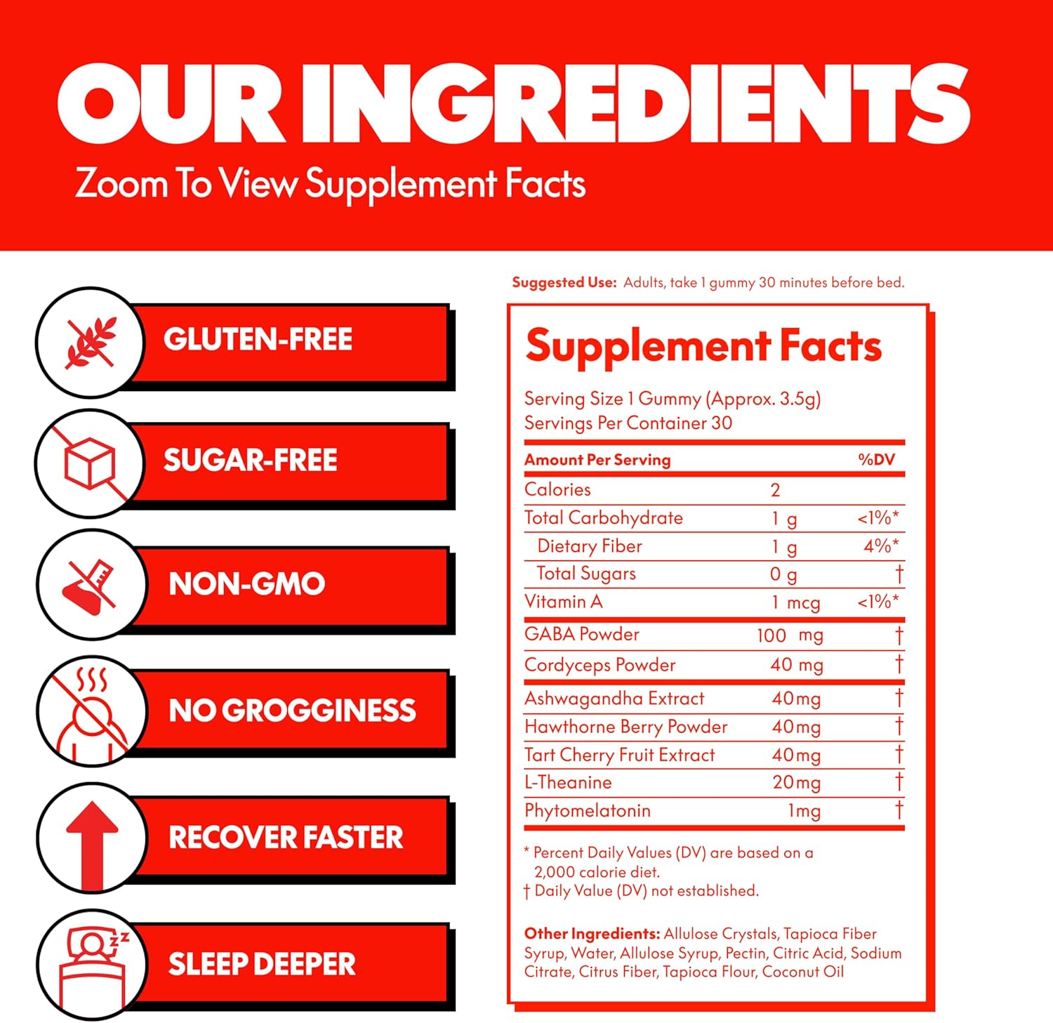 Highlights multiple key features and benefits of the supplement product, such as being free from certain ingredients and promoting better sleep and recovery.