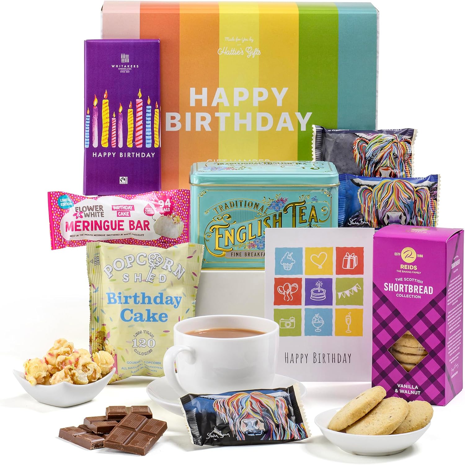 Shows all the items included in the birthday gift box or bundle.