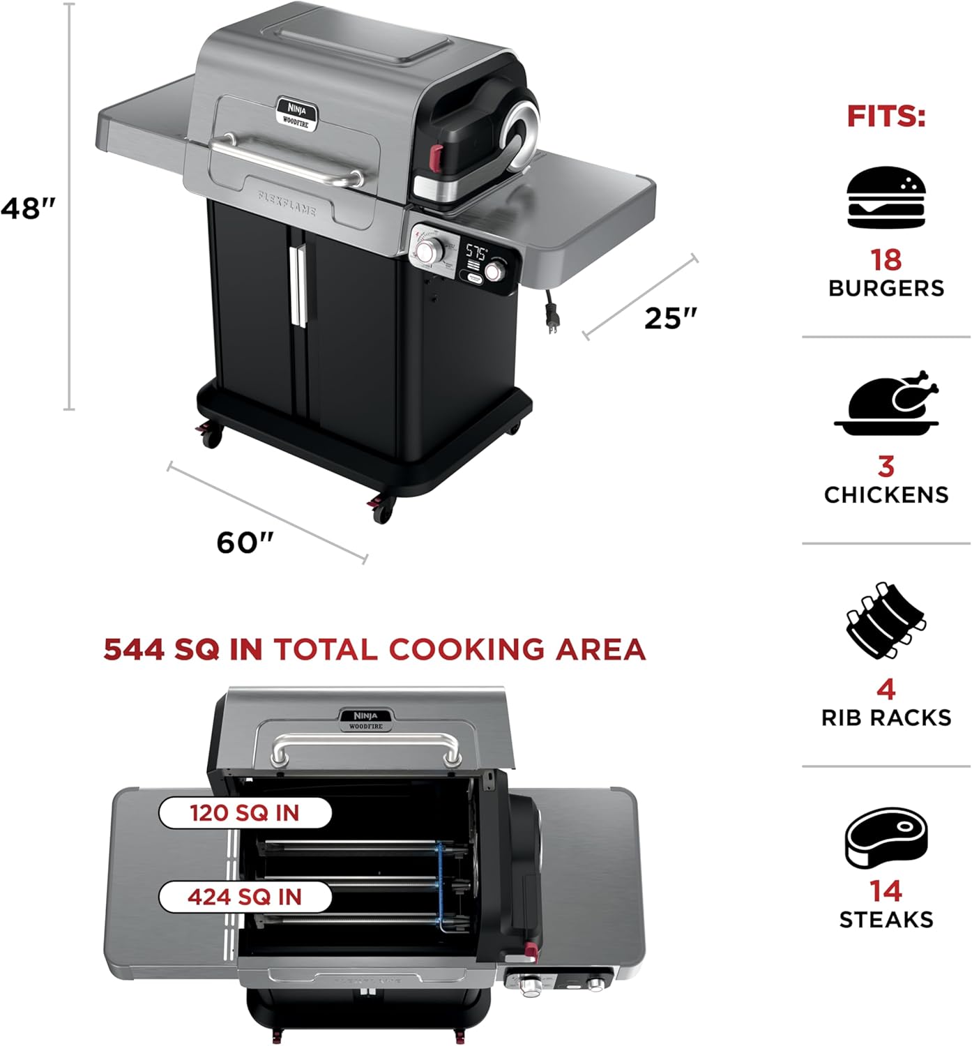 Communicates the grill's large cooking area and capacity through quantifiable metrics like dimensions and food item equivalents to highlight its versatility for different cooking needs.