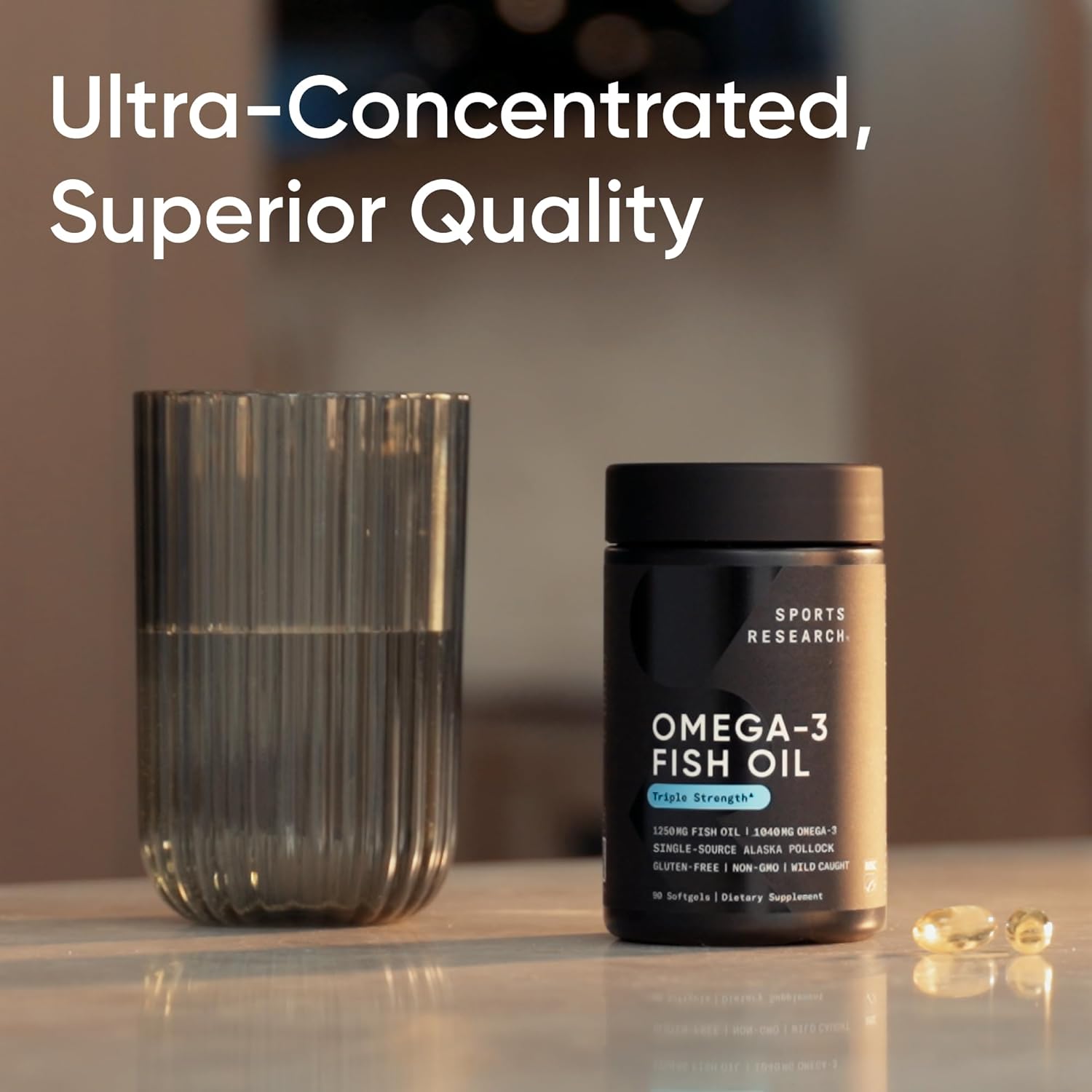 Emphasizes the high concentration and superior quality of the omega-3 fish oil supplement to differentiate it from competitors.