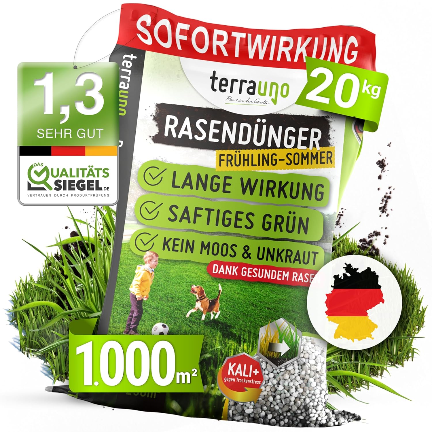 TerraUno Rasendünger Frühjahr/Sommer I Sofortwirkung für saftiges grün I 20 kg für 1000…: Infographics
