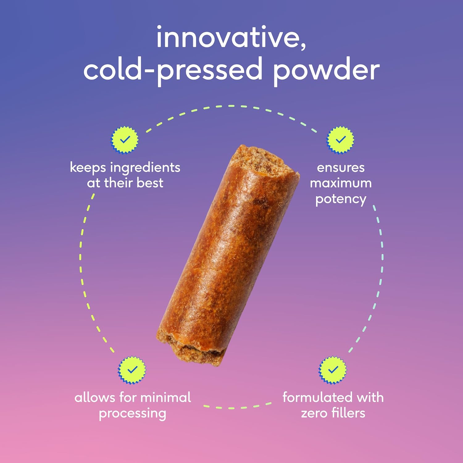 Highlights the innovative cold-pressed powder technology and its multiple benefits for ingredient quality, potency, and purity.
