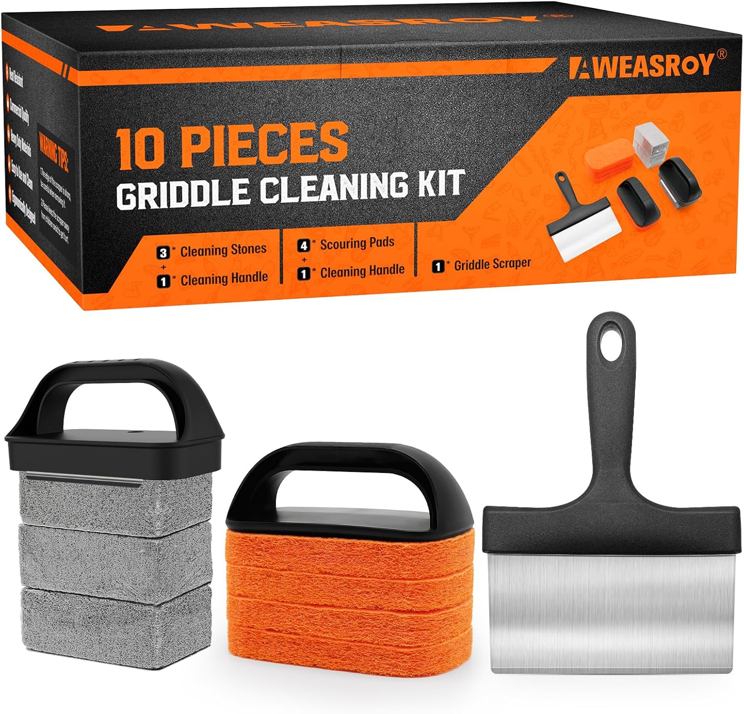 Shows all the items included in the 10-piece griddle cleaning kit to inform customers what they will receive.