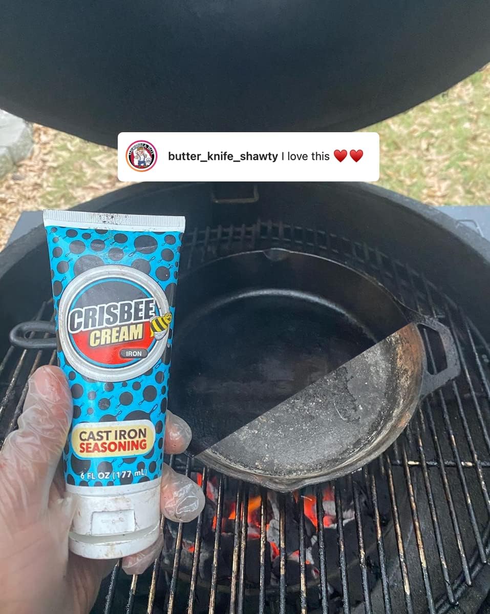 Shows a customer's positive experience using the Crisbee Cream cast iron seasoning product.