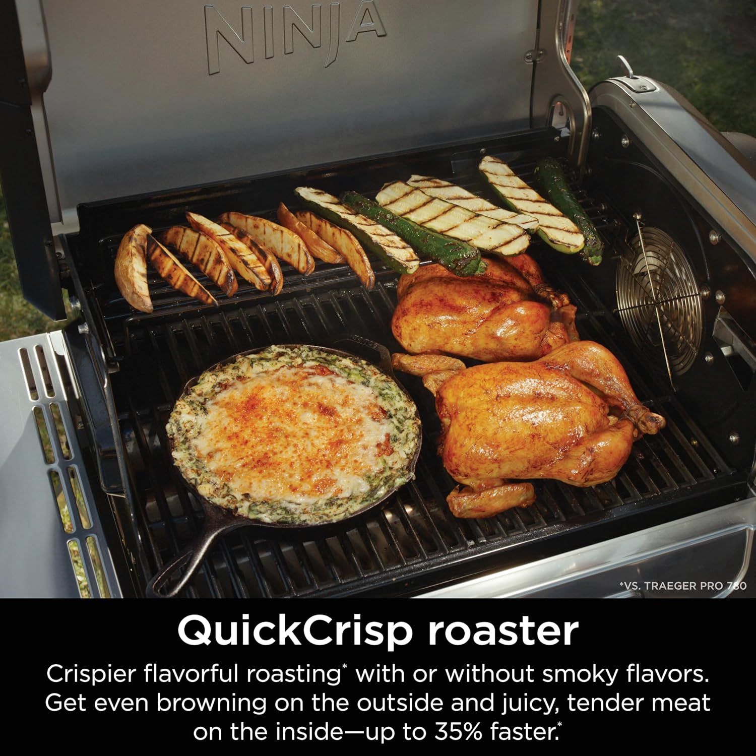 Highlights the QuickCrisp roaster's ability to evenly brown food on the outside while keeping the inside juicy and tender, up to 35% faster than traditional methods.
