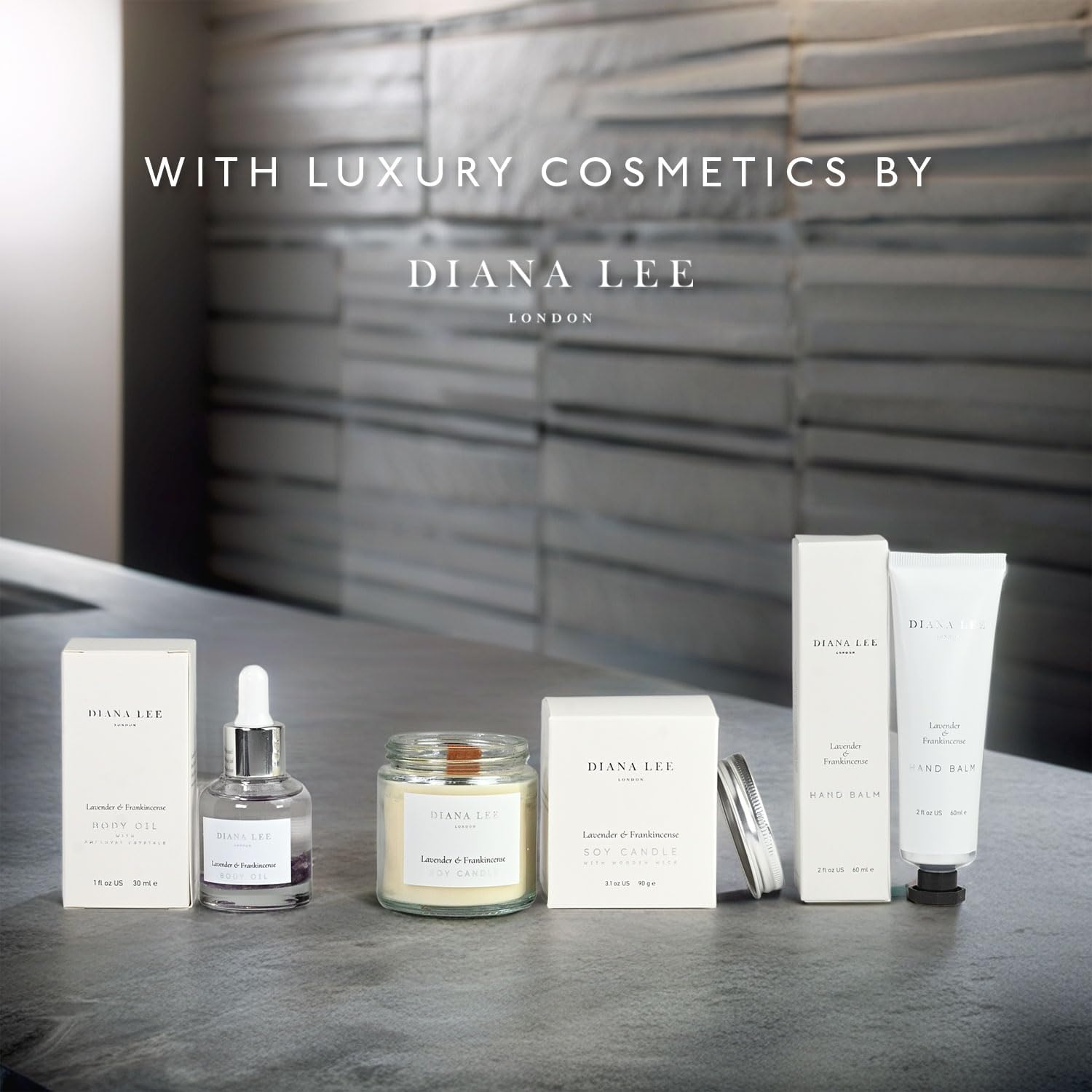 Shows the various products included in the Diana Lee luxury cosmetics line, highlighting the different items a customer would receive.