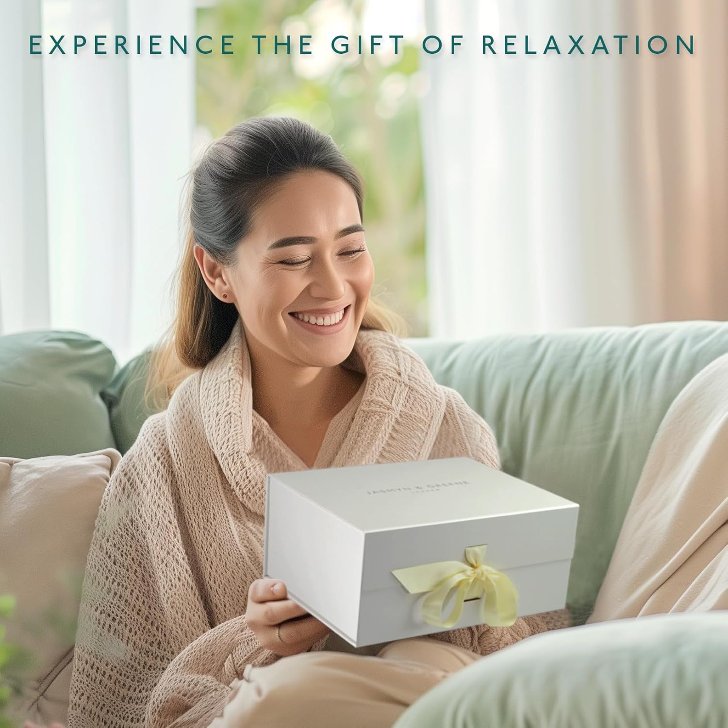 Depicts a relaxed, comfortable lifestyle moment to convey the feeling of relaxation and indulgence the product provides.