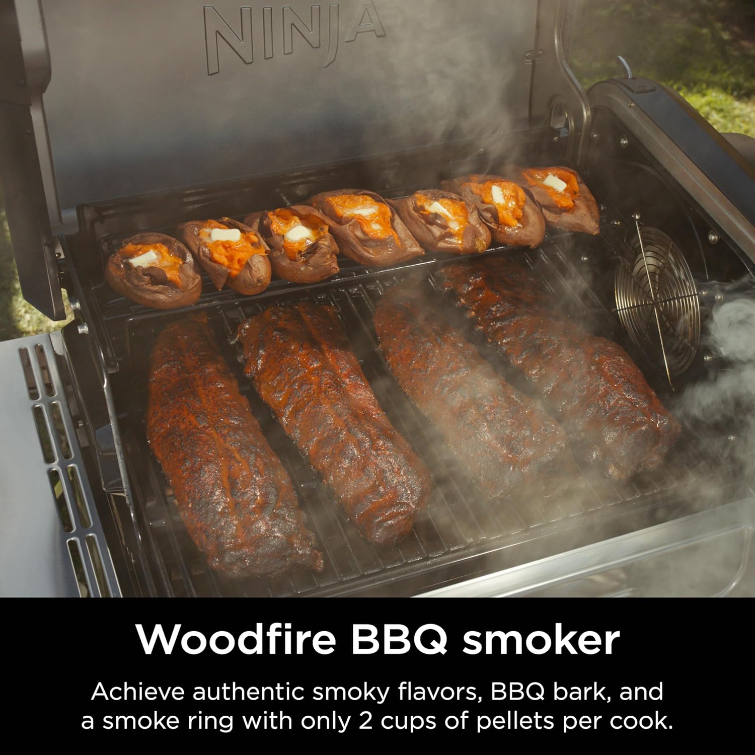 Highlights the smoker's ability to achieve authentic BBQ flavors and smoke ring while using only a small amount of pellets per cook, emphasizing efficiency.