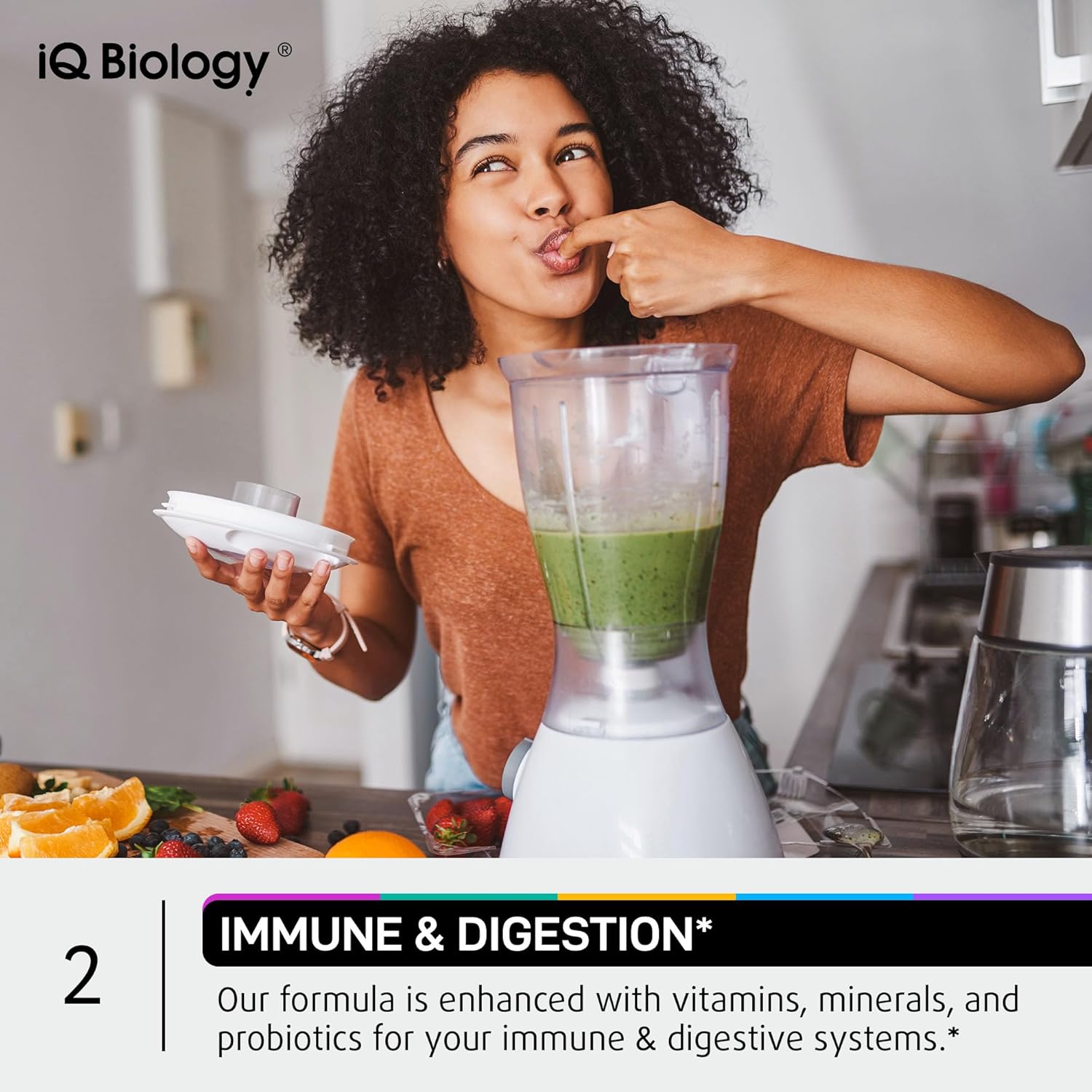 Highlights that the product supports both immune and digestive systems through its formula of vitamins, minerals, and probiotics.