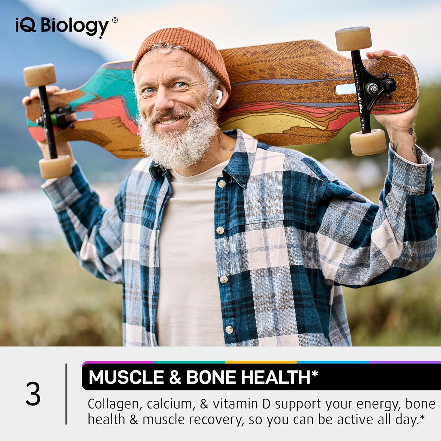 Highlights multiple health benefits of the product, focusing on muscle and bone health as well as energy support for an active lifestyle.