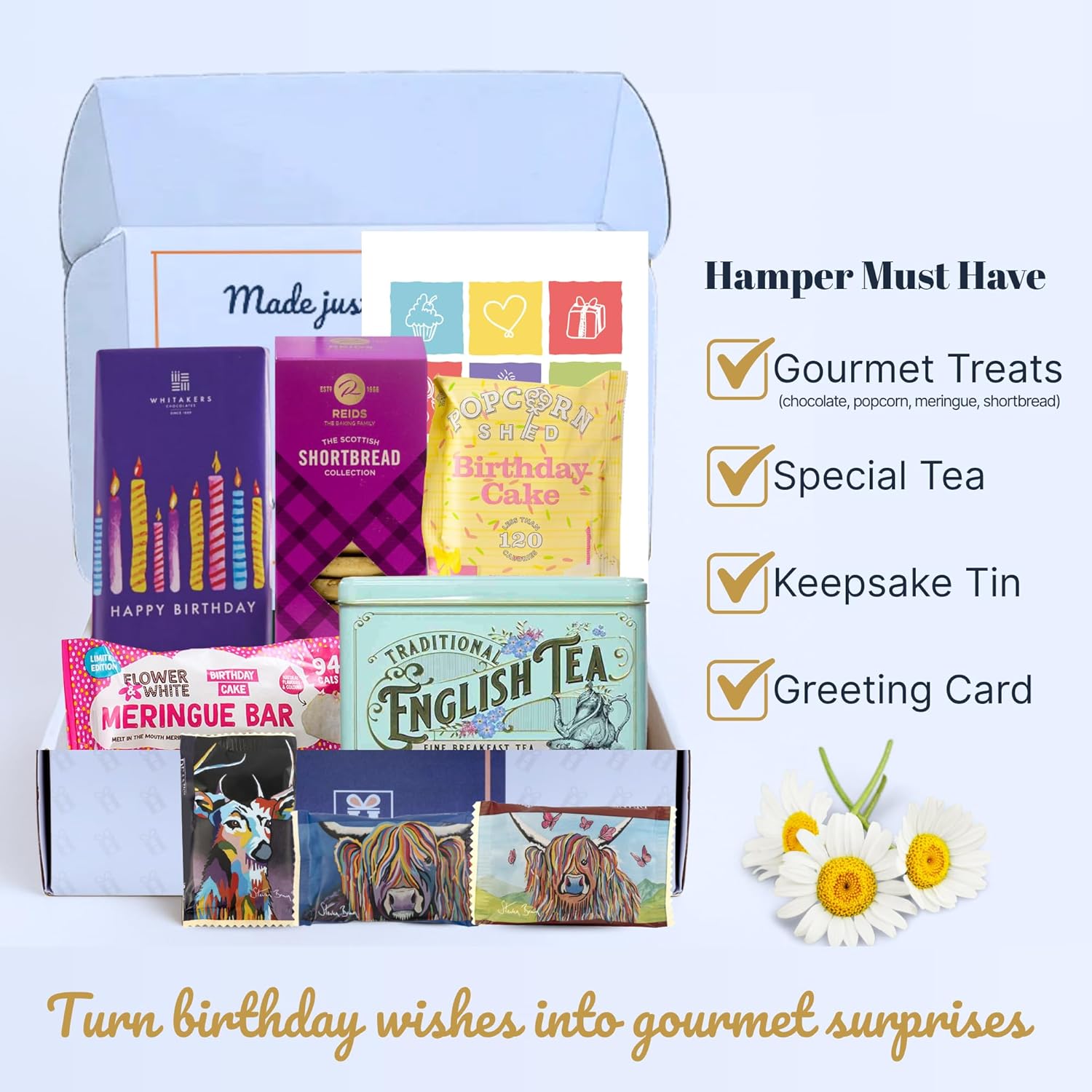 Shows the various items included in the birthday hamper to highlight the gourmet treats and special touches that make it a thoughtful gift.