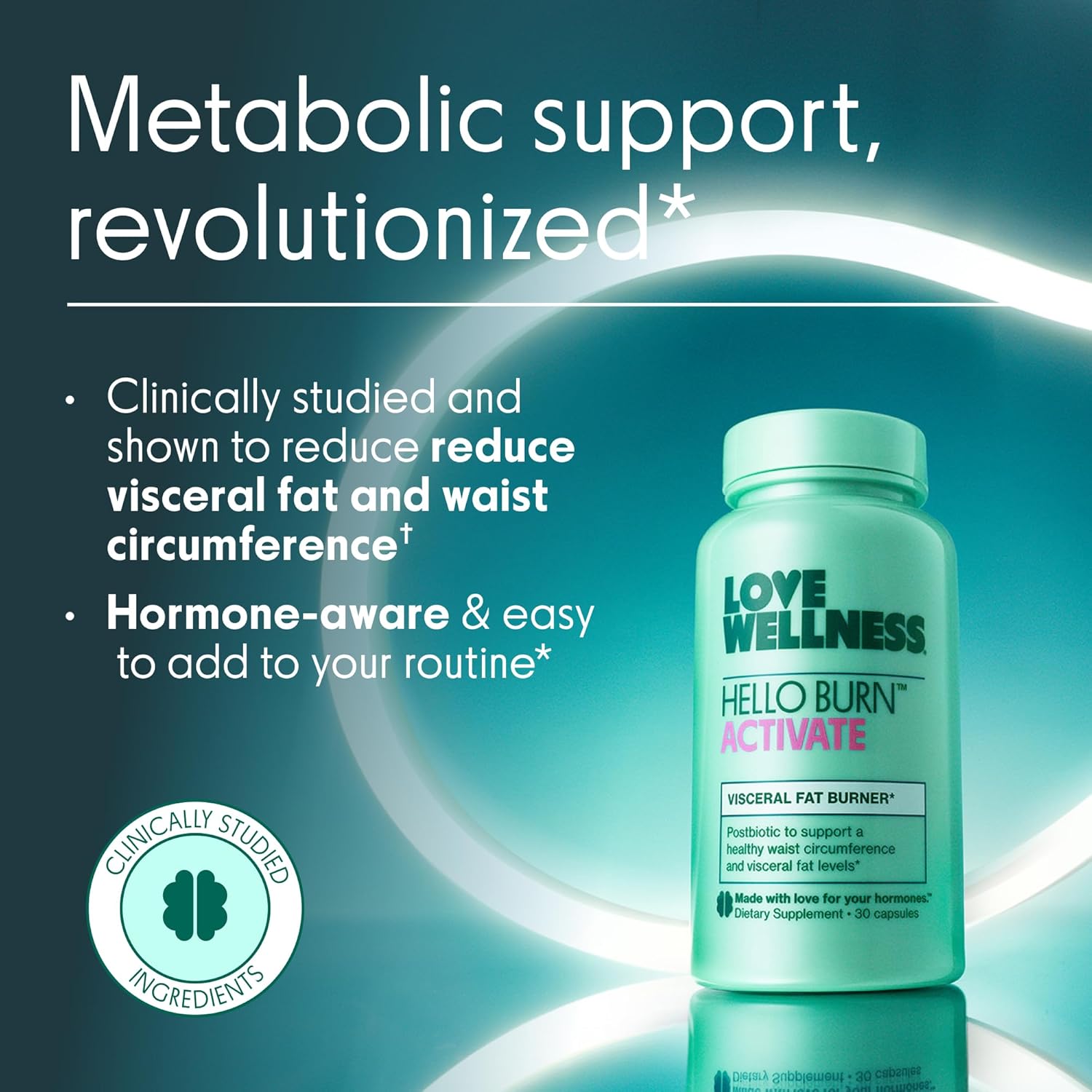 Highlights the product's ability to reduce visceral fat and waist circumference while being hormone-aware and easy to incorporate into a routine.