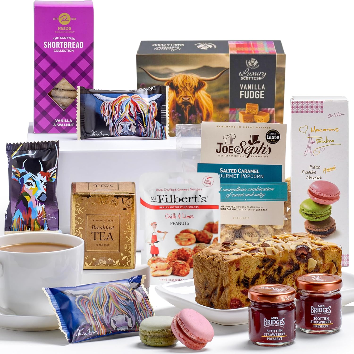 Shows the various Scottish food items included in the bundle or gift set.