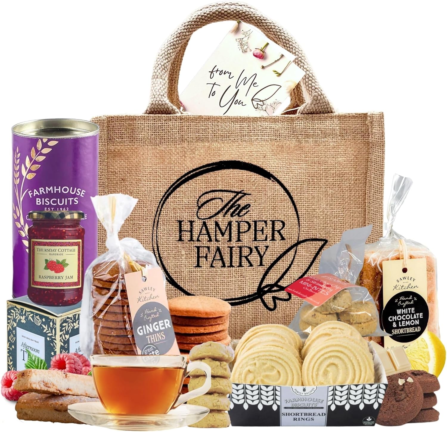 Shows the various food items included in the gift basket or bundle.