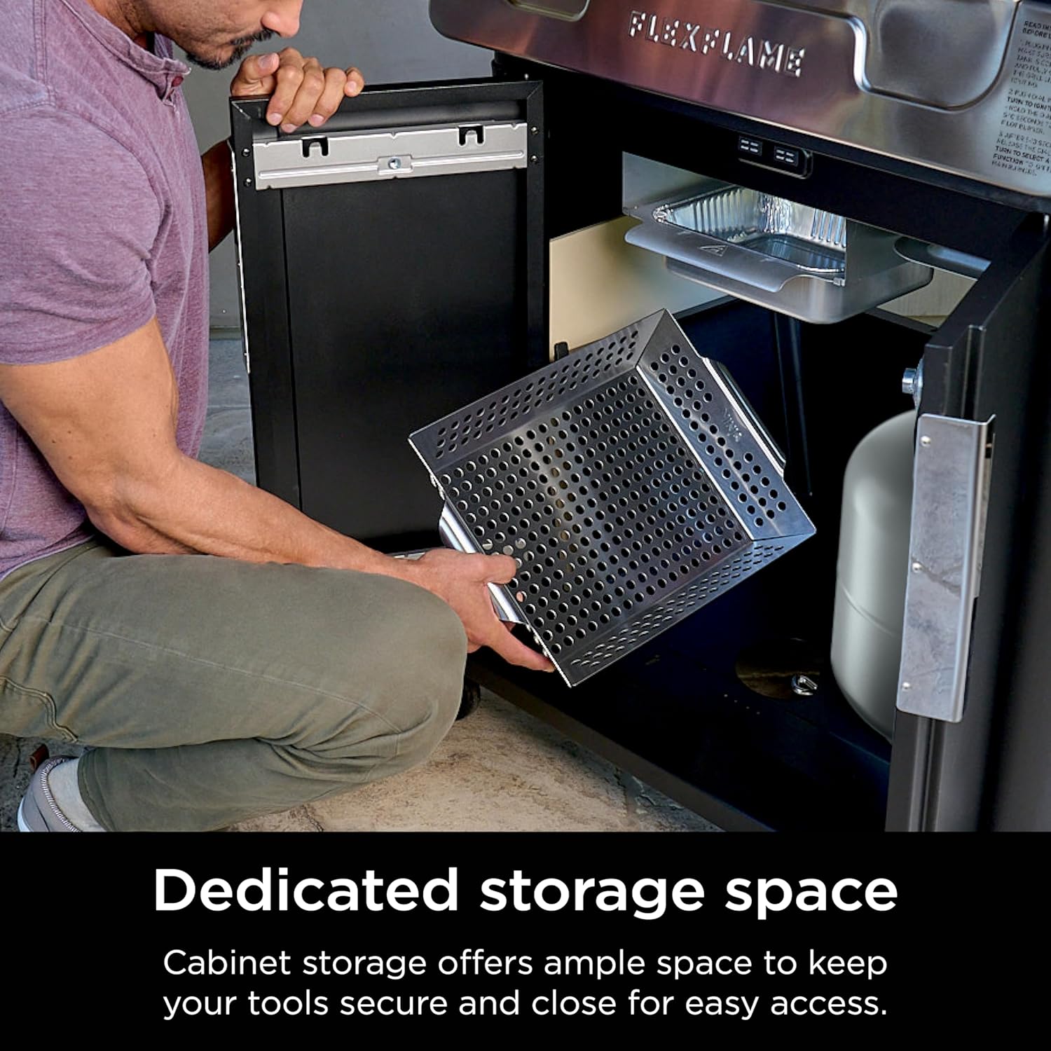 Highlights the ample cabinet storage space to keep tools secure and easily accessible.