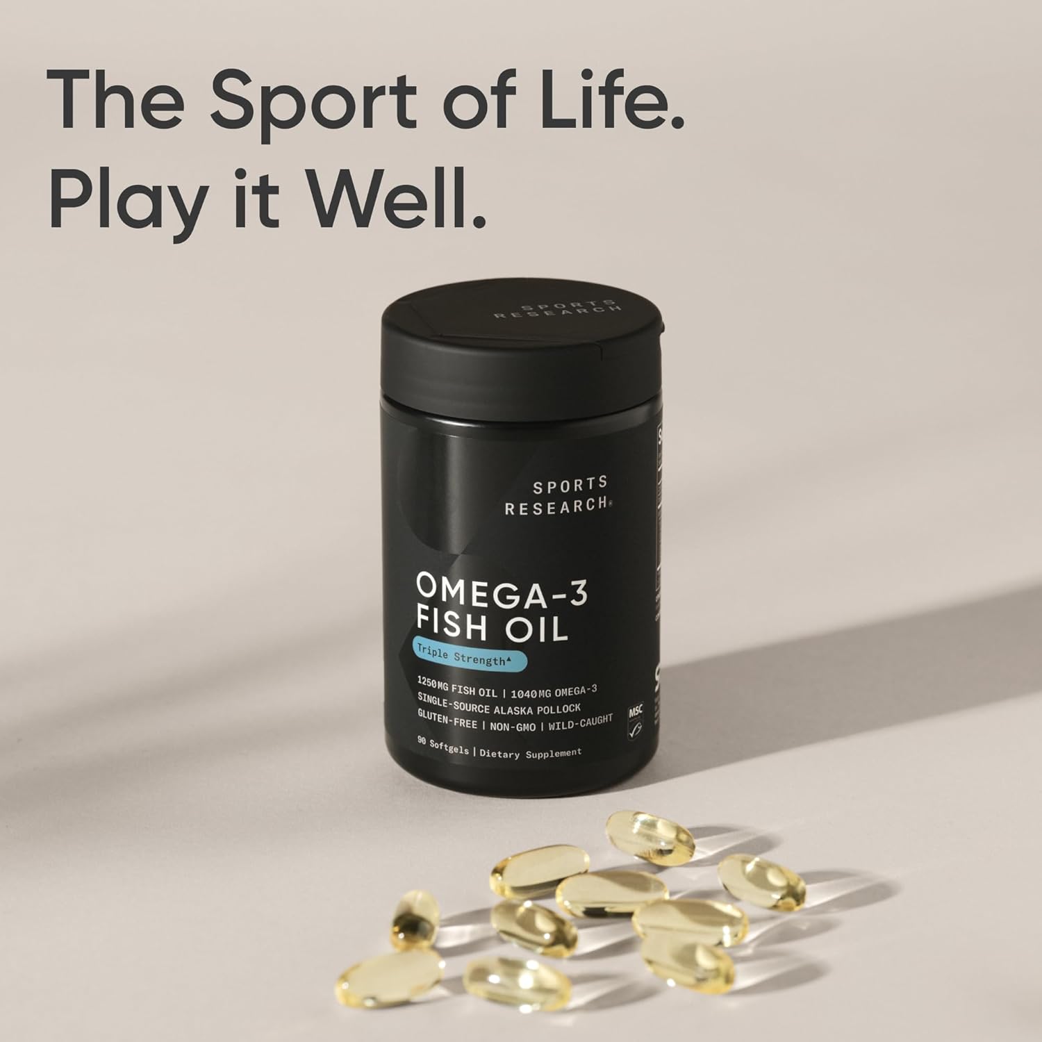 Reinforces the brand's philosophy while showcasing their Omega-3 Fish Oil product, emphasizing a lifestyle approach to health and wellness.